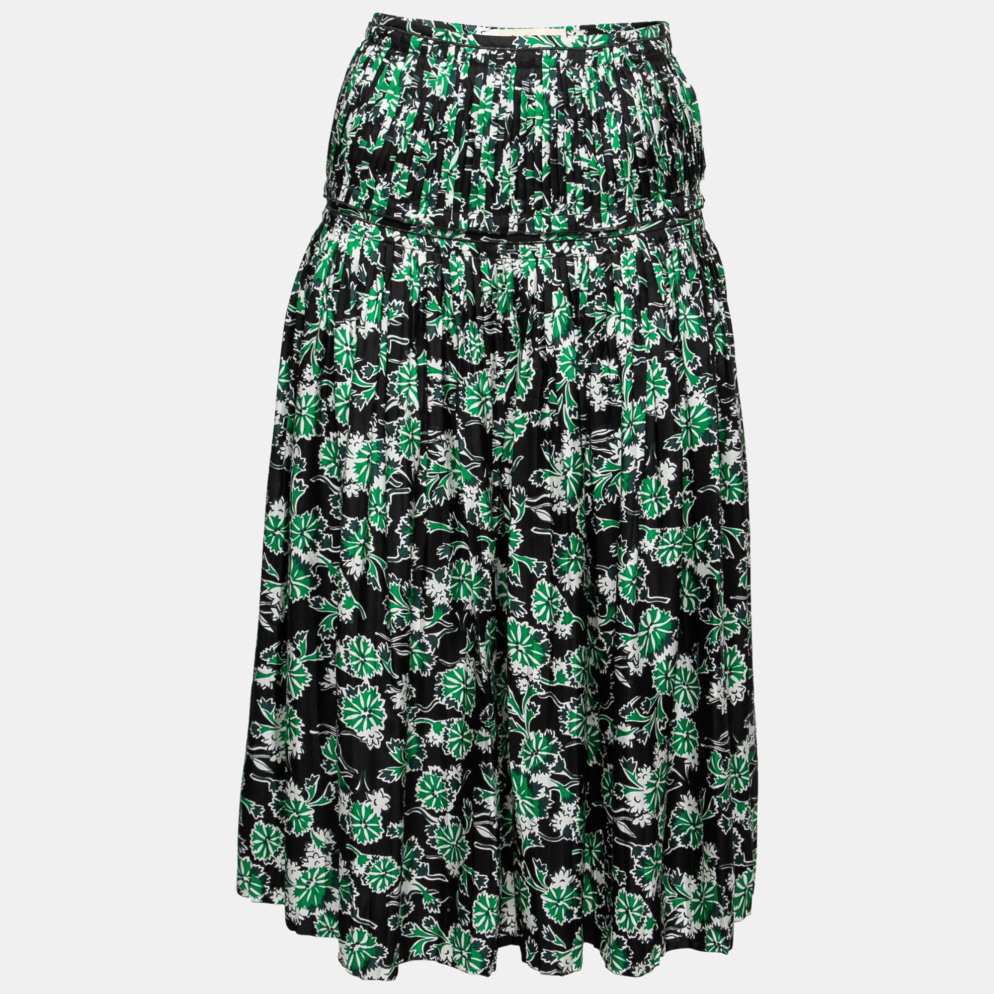 

Marni Fern Green Floral Print Silk Pleated Midi Skirt