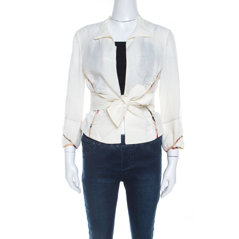 

Marni Off White Linen Contrast Piping Detail Belted Jacket, Cream