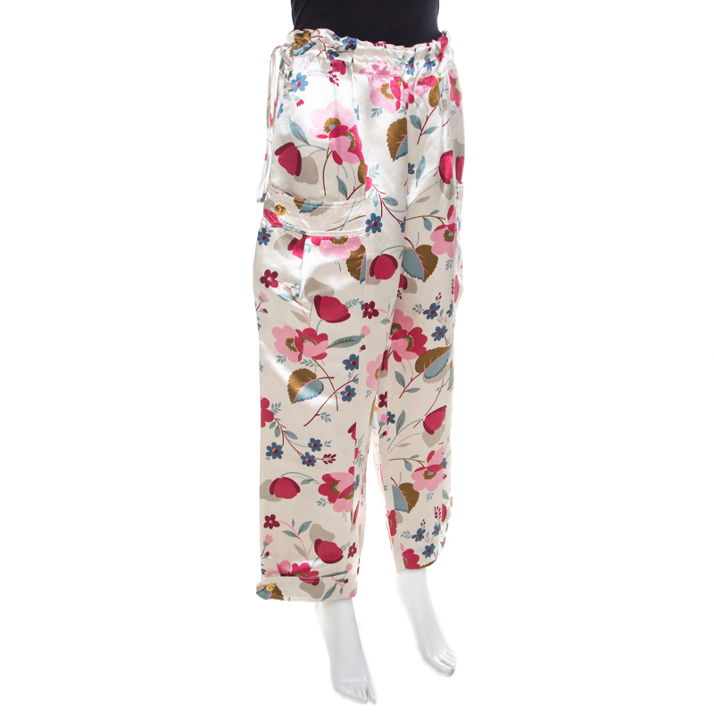 

Marni Multicolor Floral Print Linen Silk Drawstring Waist Wide Leg Trousers