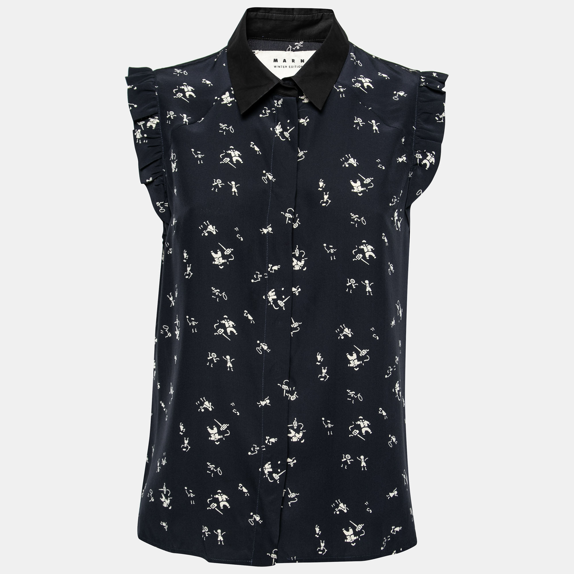 

Marni Navy Blue Printed Silk Ruffled Detail Sleeveless Shirt