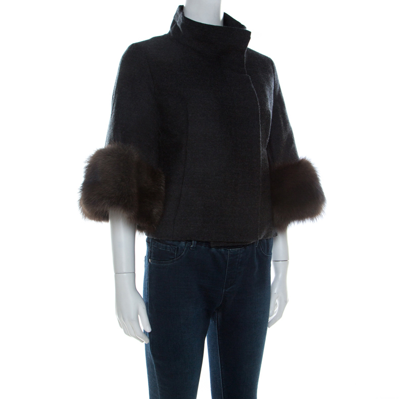 

Marni Charcoal Grey Wool Fox Fur Trim Cropped Coat