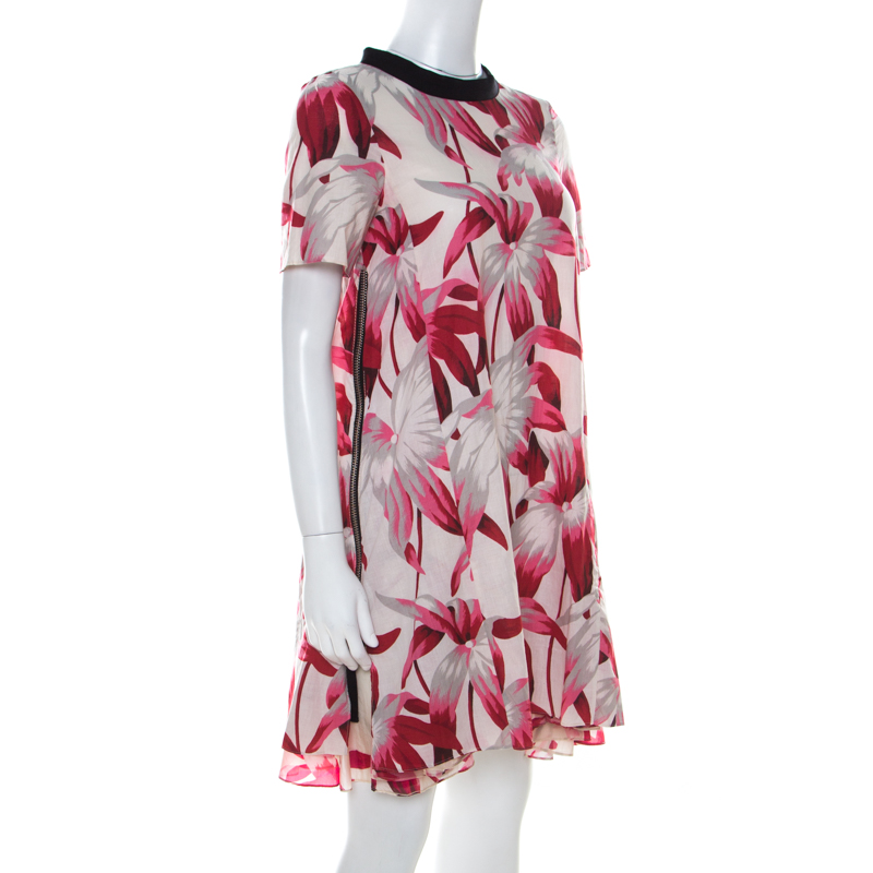 

Marni Pink Floral Print Cotton Blend Zipper Detail Layered A Line Dress