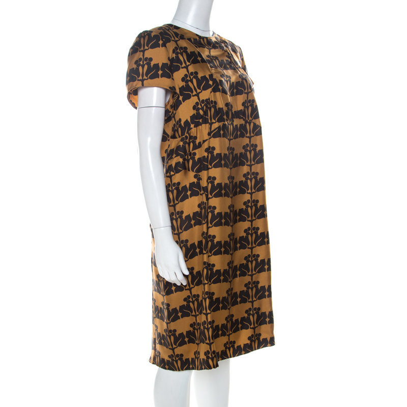 

Marni Mustard Yellow and Black Printed Silk Twill Short Sleeve Shift Dress