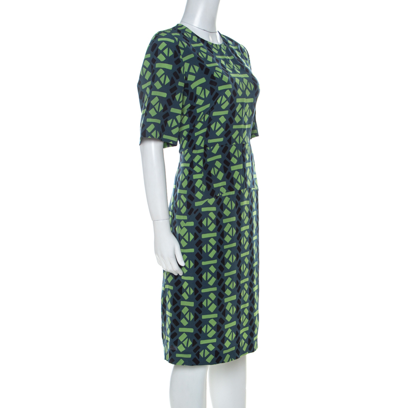 

Marni Slate Blue and Green Abstract Geometric Printed Silk Shift Dress