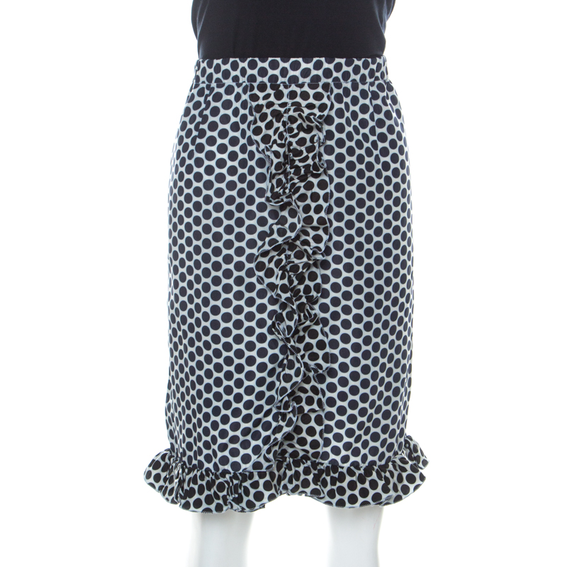 

Marni Blue and White Polka Dot Printed Coated Silk Ruffle Detail Skirt
