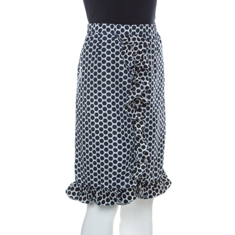 Pre-owned Marni Blue And White Polka Dot Printed Coated Silk Ruffle Detail Skirt S