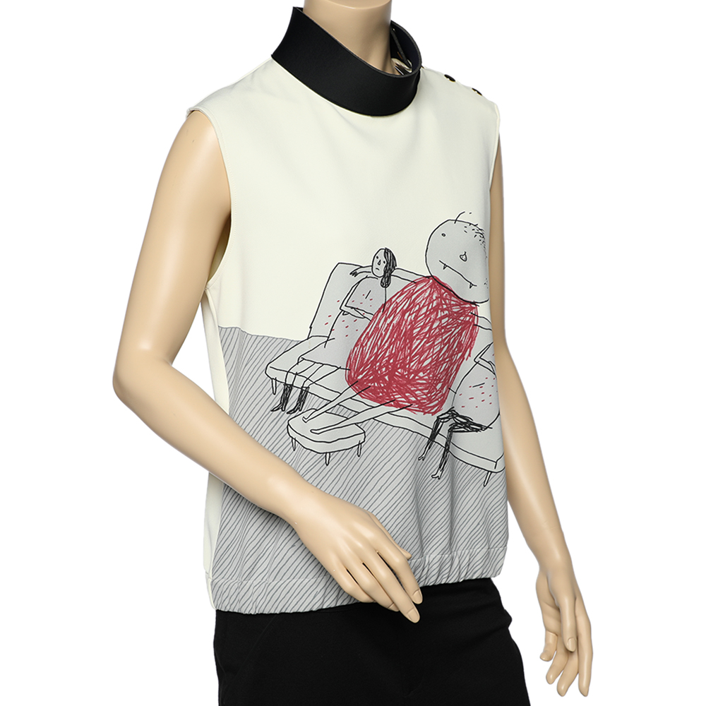 

Marni x Brian Rea Cream Printed Stretch Knit Turtle Neck Sleeveless Top