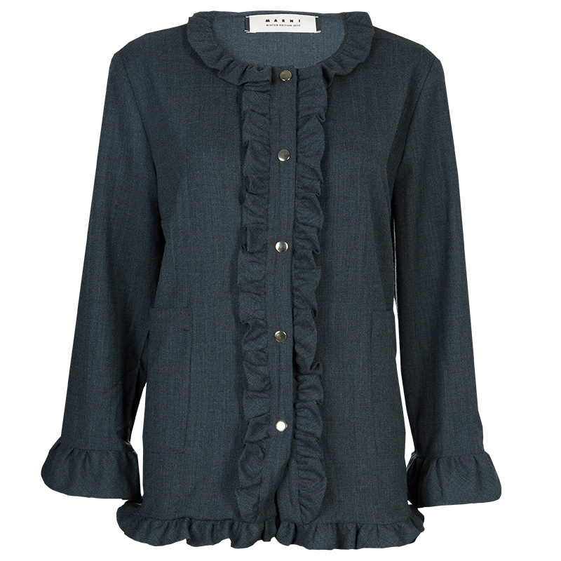 Pre Owned Marni Grey Long Sleeve Ruffle Detail Button Down Wool Blouse M