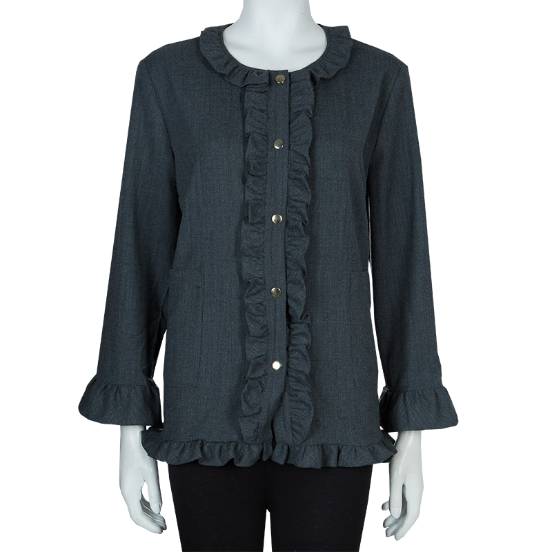 

Marni Grey Long Sleeve Ruffle Detail Button Down Wool Blouse