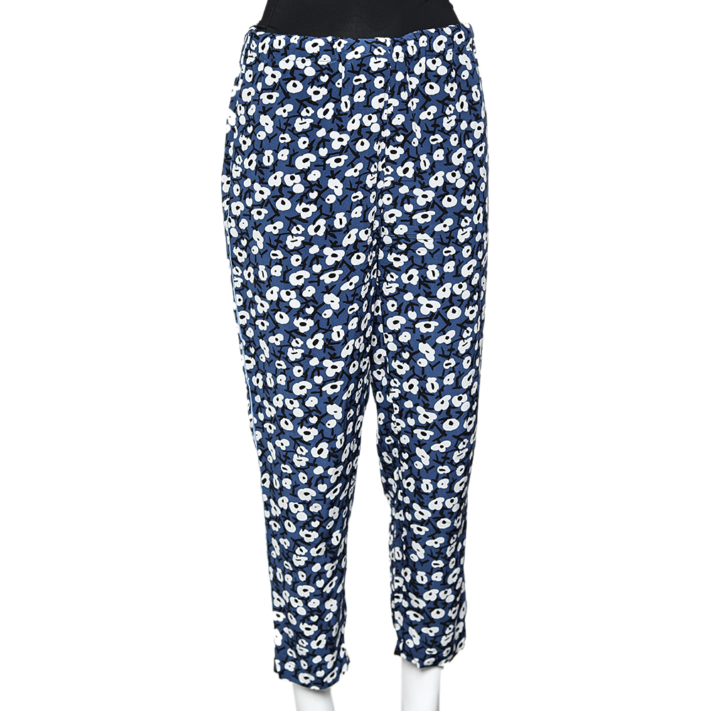 

Marni Navy Blue Floral Printed Silk Cropped Trousers