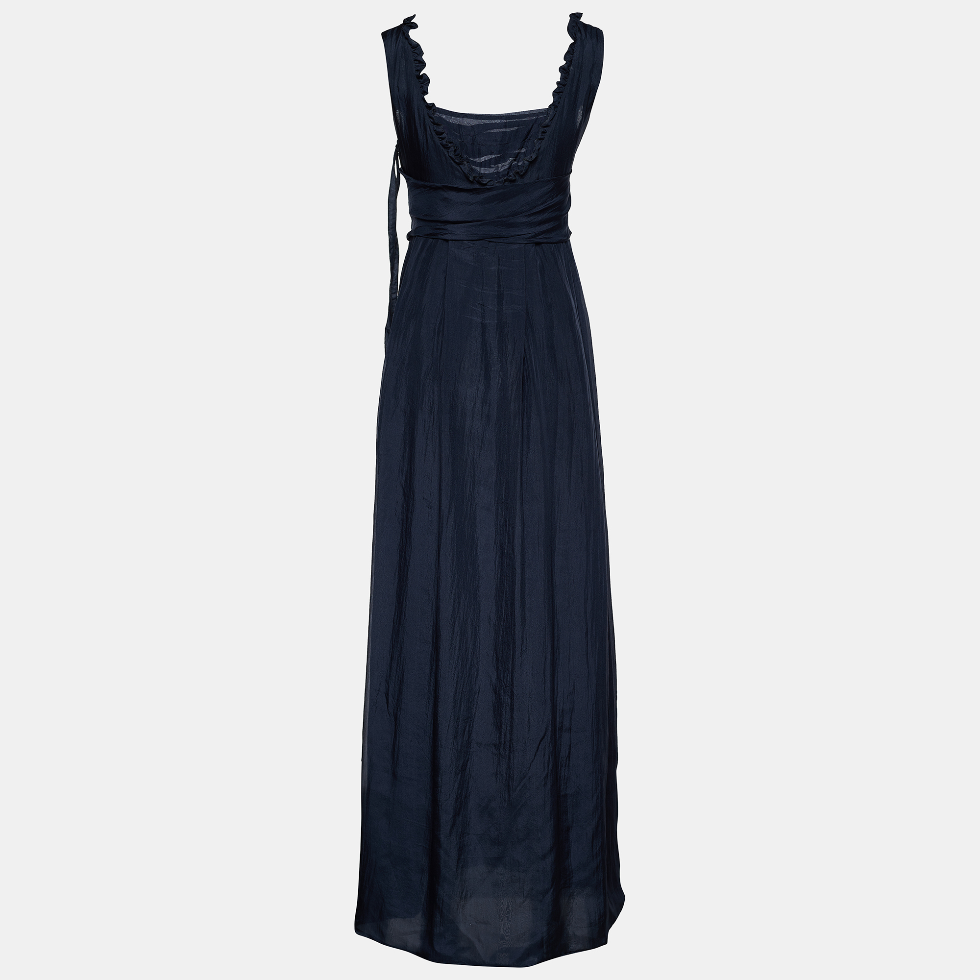 

Marni Navy Blue Silk Applique Detail Belted Sleeveless Maxi Dress