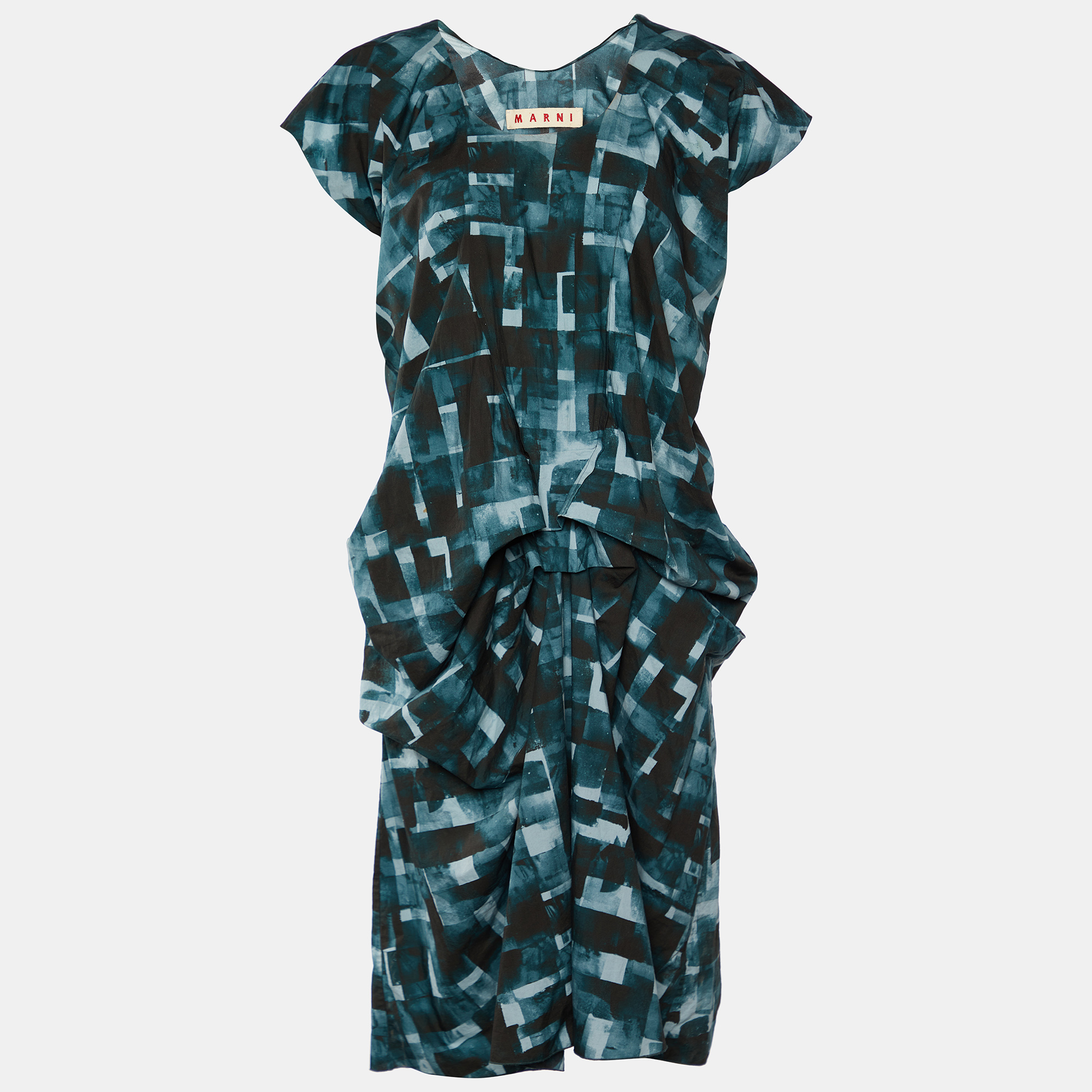 Pre-owned Marni Dark Green Printed Cotton Ruched Oversized Dress L