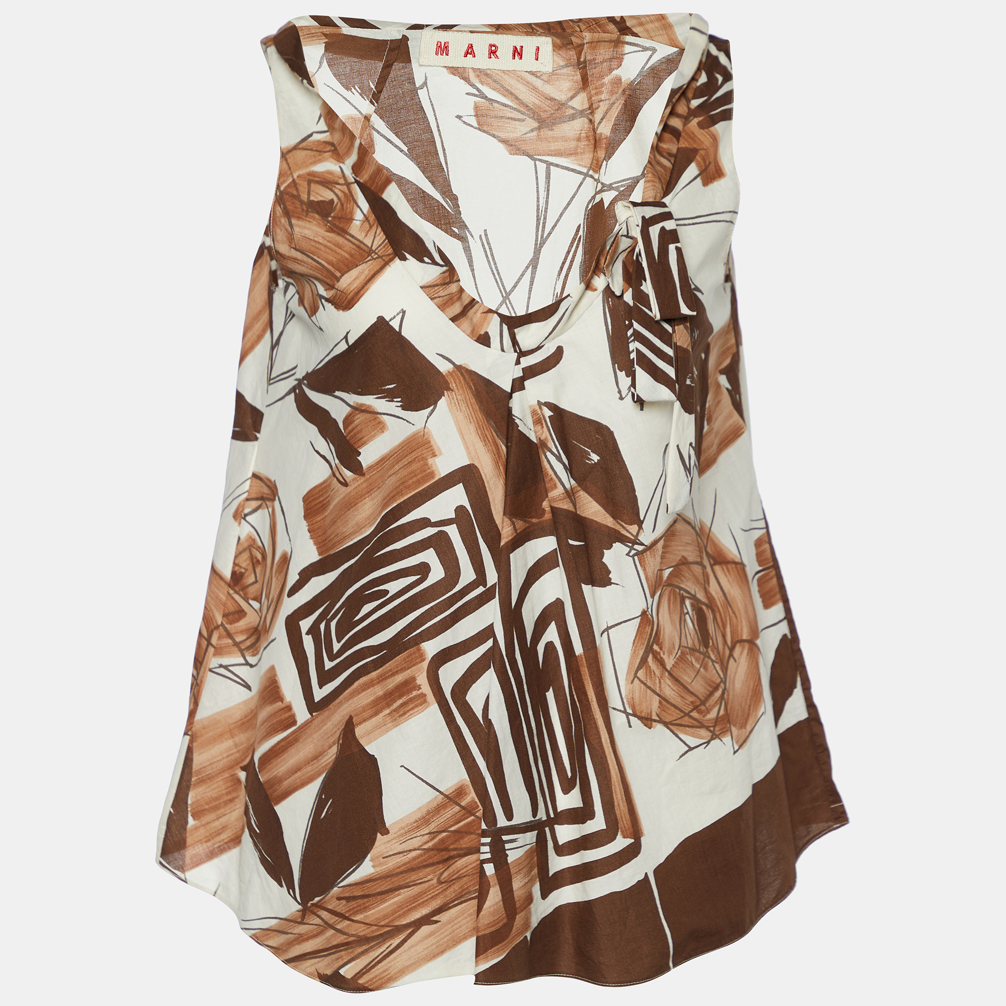 Pre-owned Marni Brown/cream Cotton Abstract Print Sleeveless Top M
