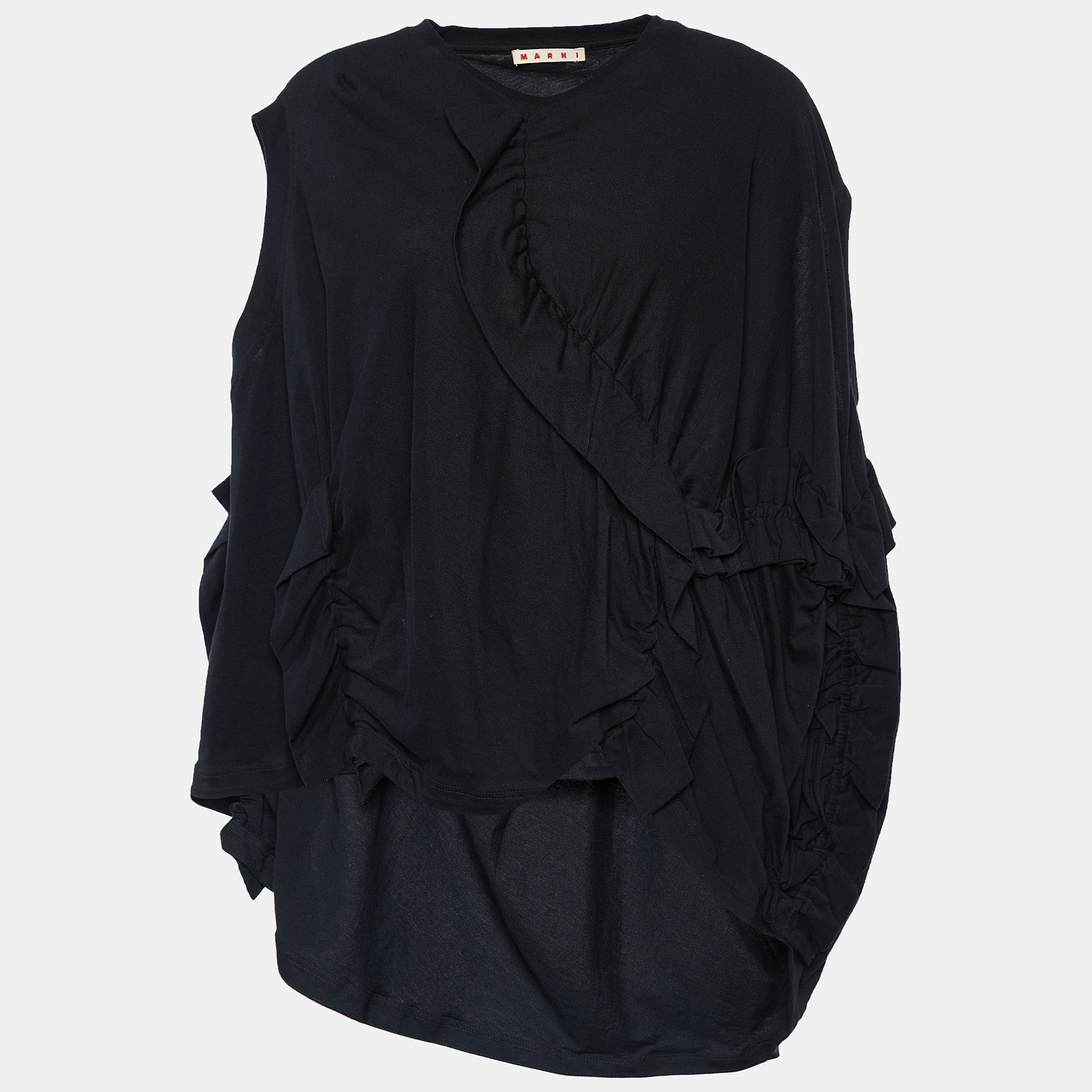 Pre-owned Marni Black Cotton Knit Ruche Detail Oversized T-shirt S