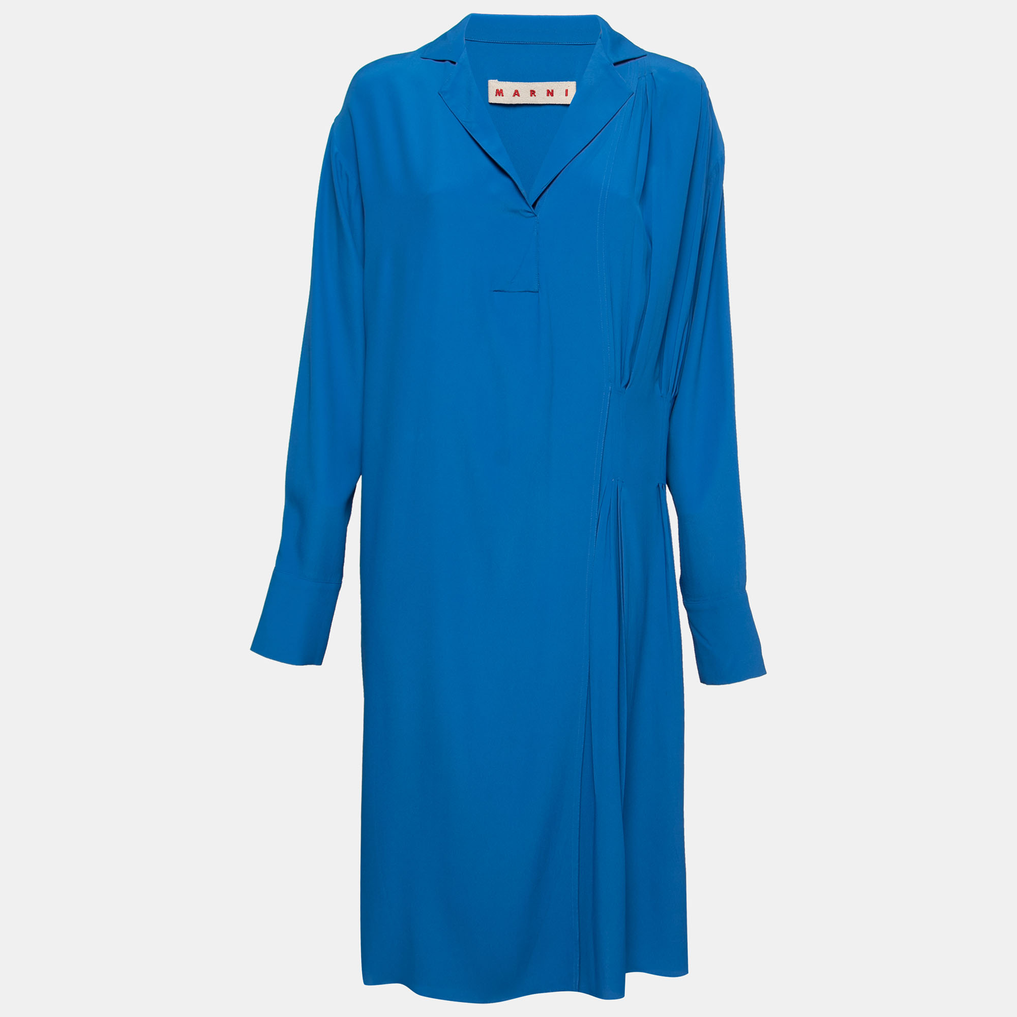 Pre-owned Marni Blue Crepe Pleated Collared Midi Dress S