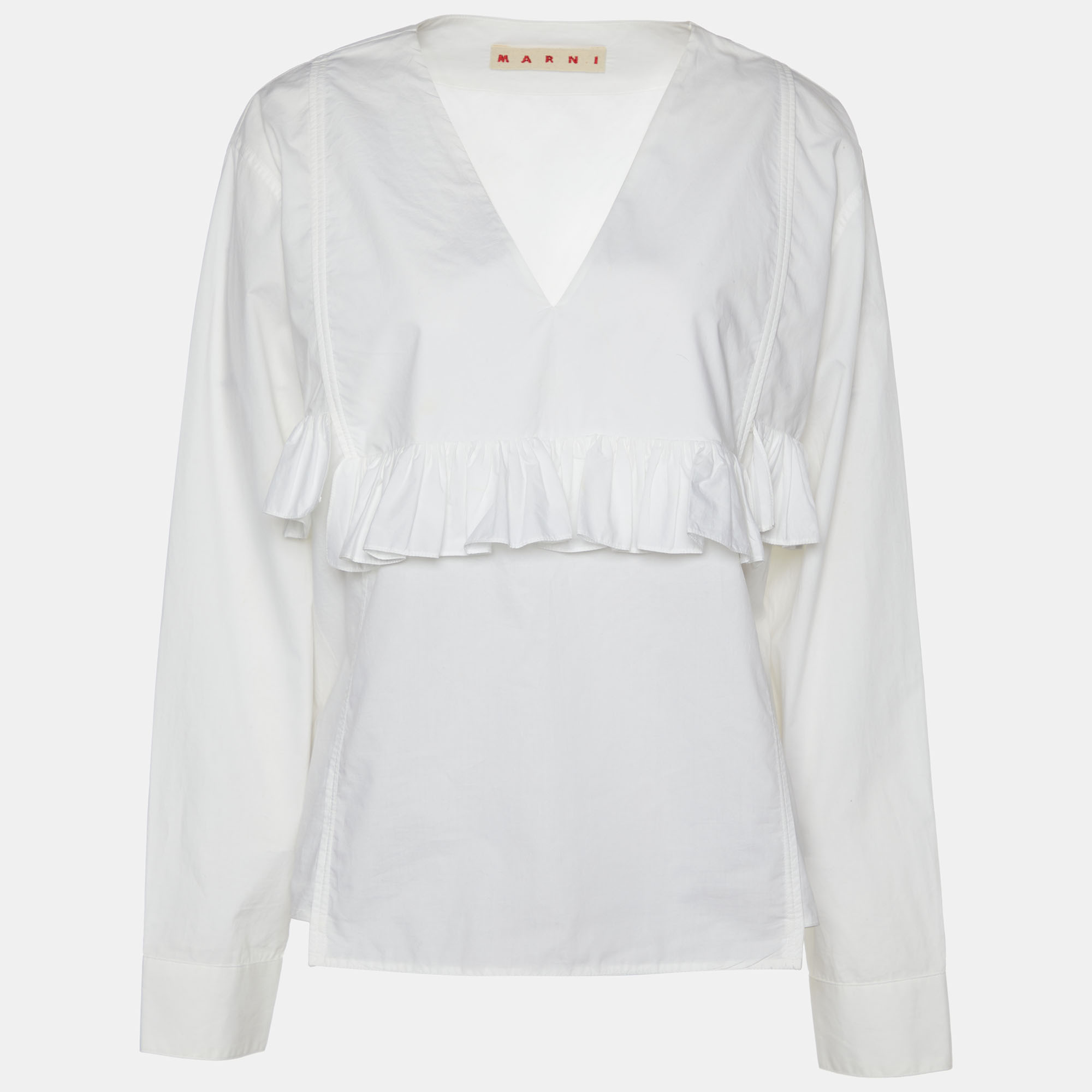 Pre-owned Marni White Cotton Ruffle Detail V-neck Top L