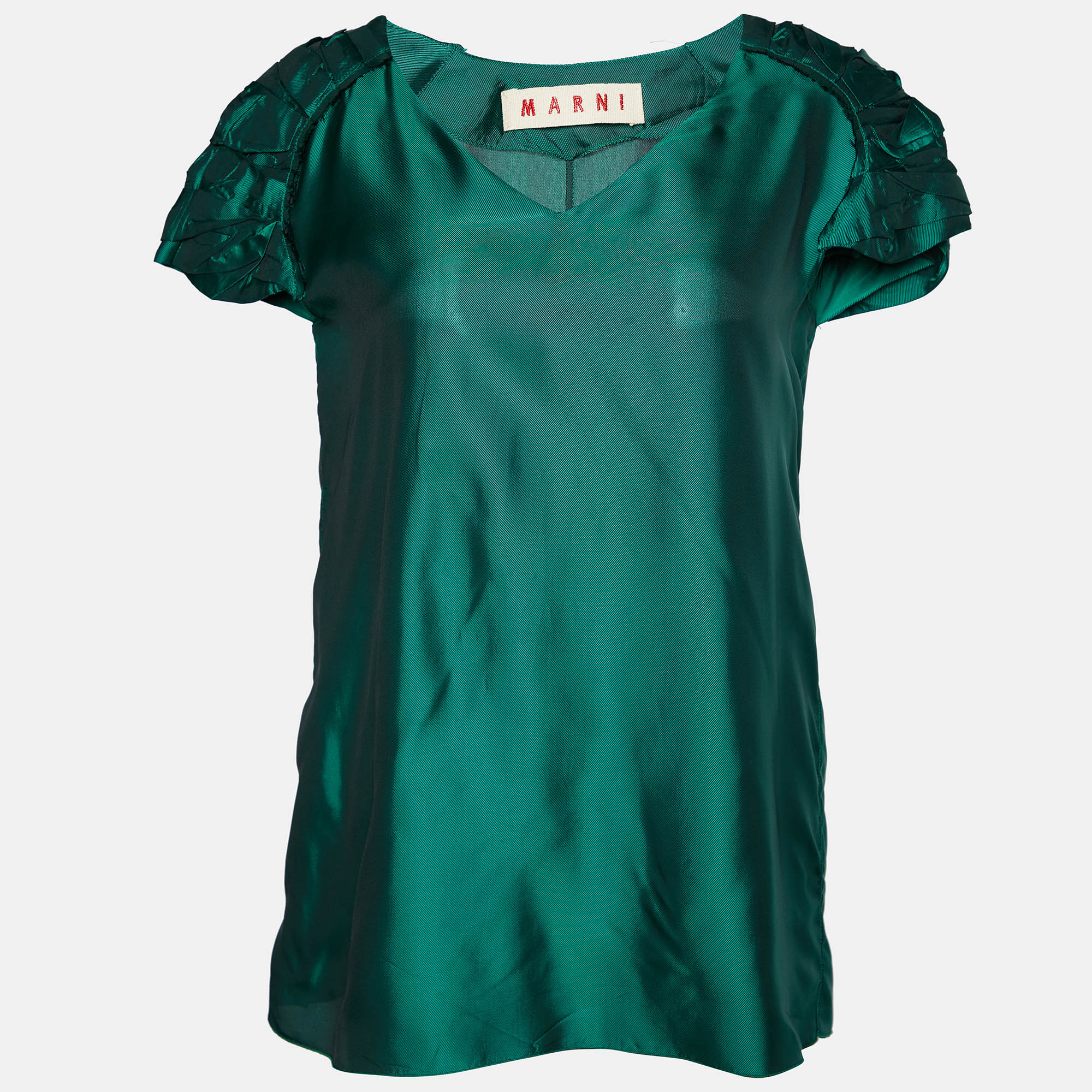 Pre-owned Marni Green Satin Pleated Sleeve Detail Top M