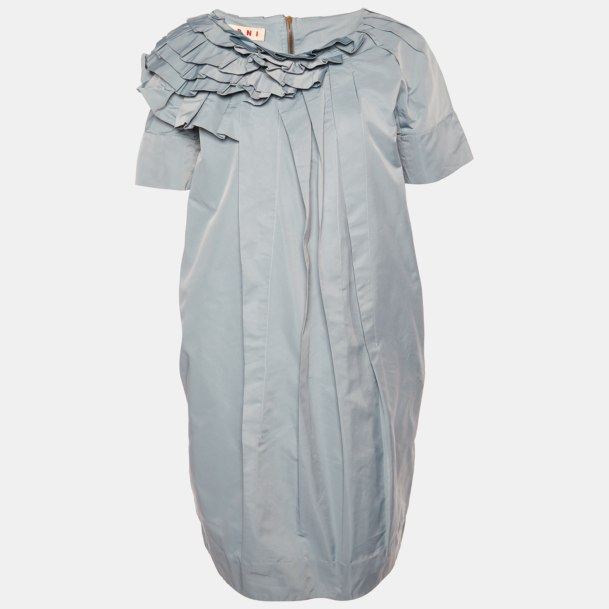 Pre-owned Marni Light Blue Synthetic Ruffle Detail Shift Dress M