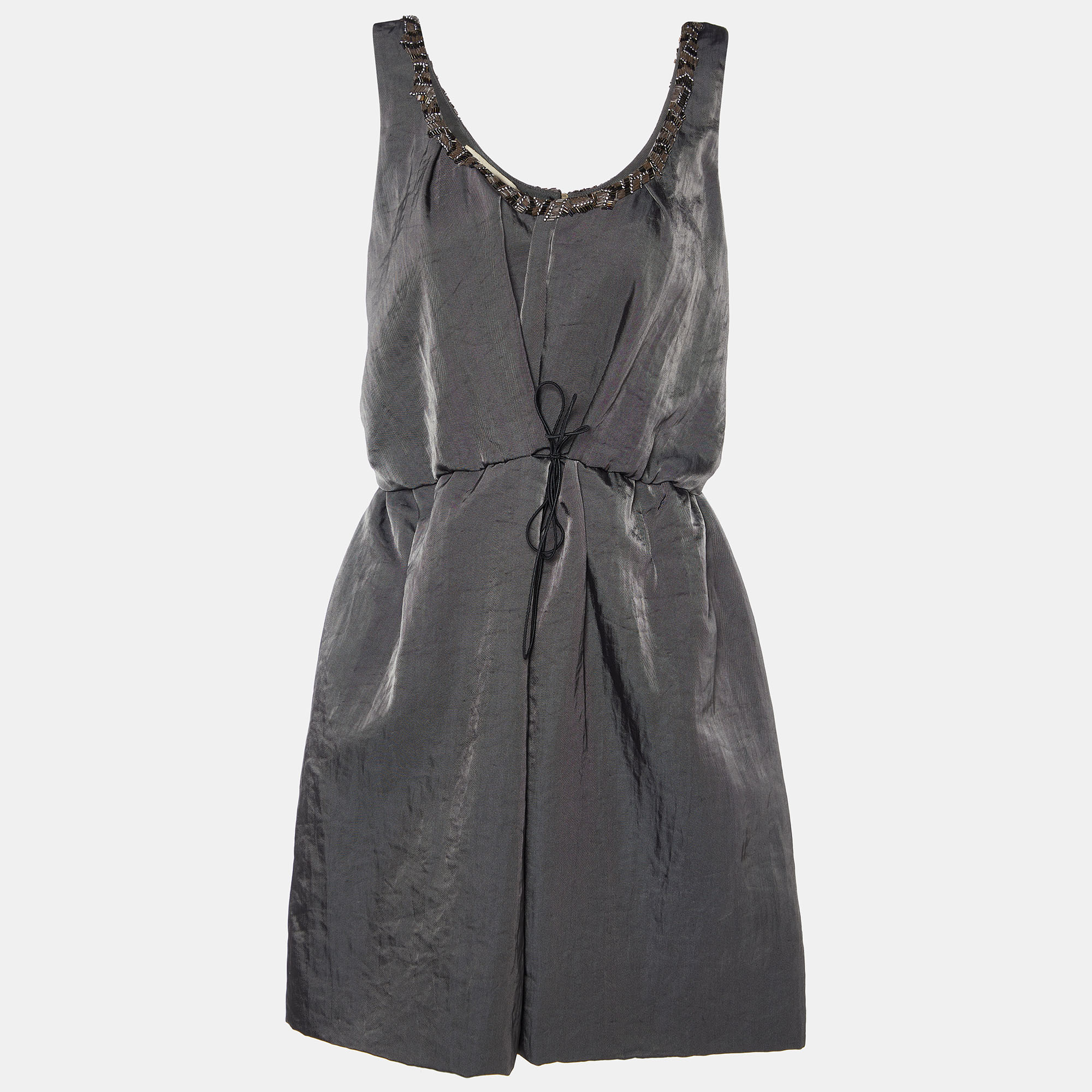 Pre-owned Marni Anthracite Grey Nylon Embellished Neck Mini Dress M