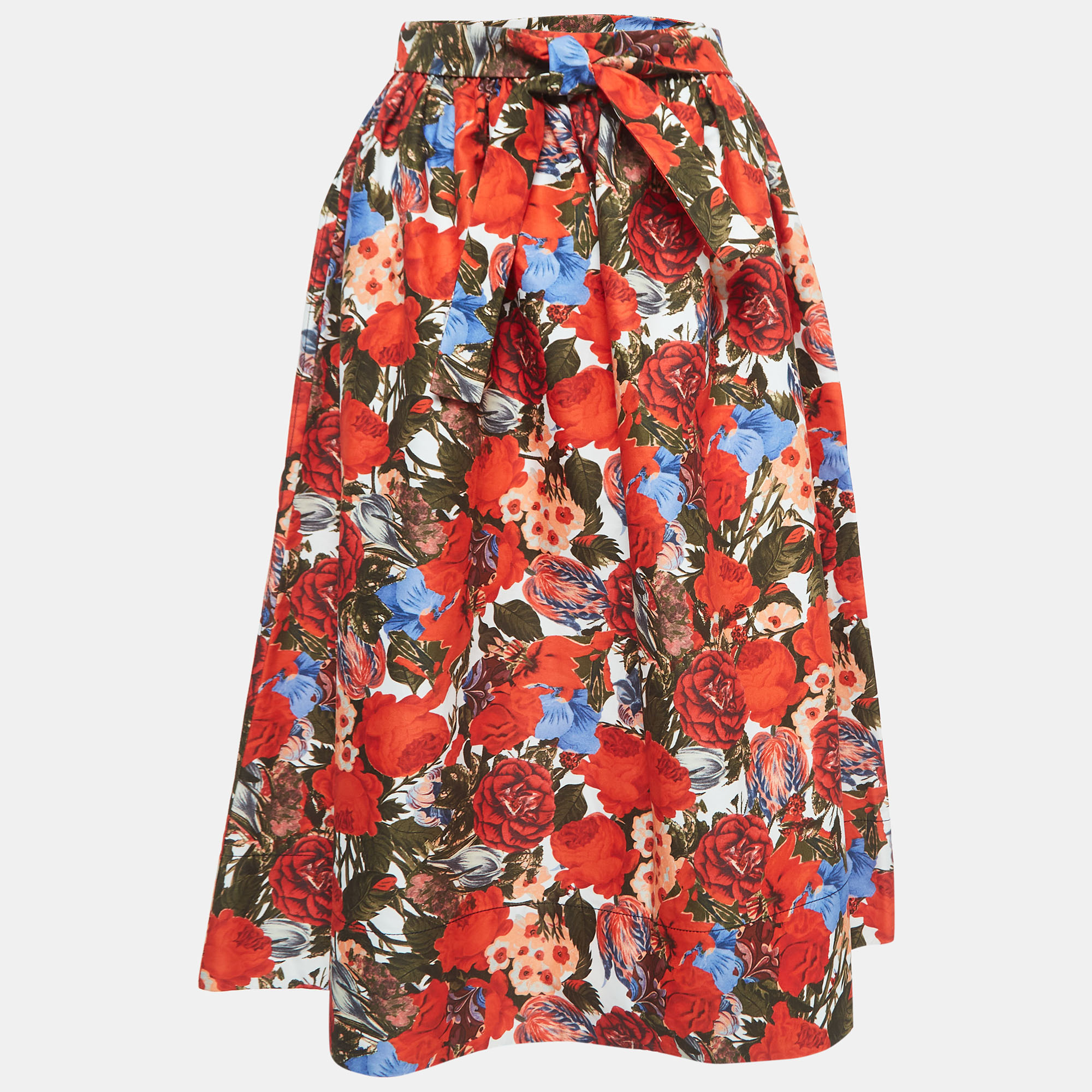

Marni Red Floral Print Cotton Gathered Midi Skirt