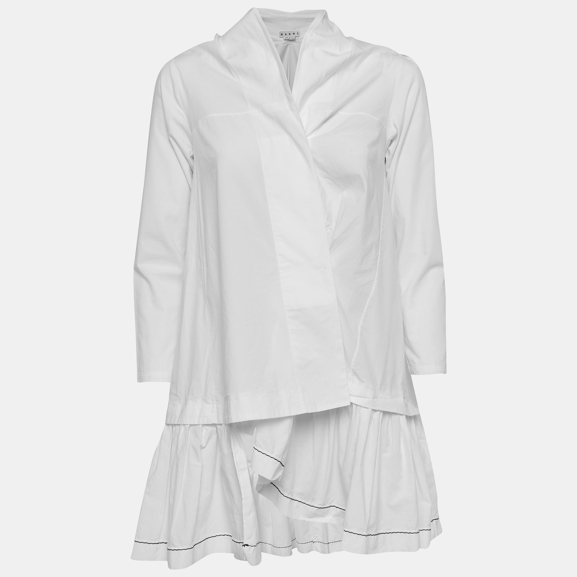

Marni White Cotton Asymmetric Flounce Mini Shirt Dress