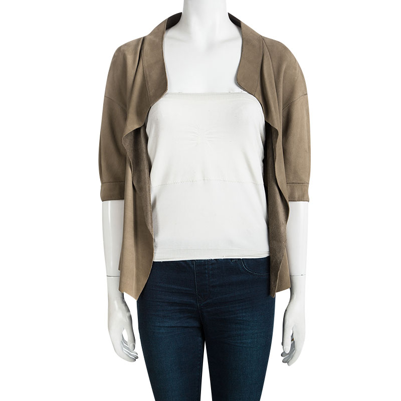 

Marni Brown Open Front Short Sleeve Suede Jacket