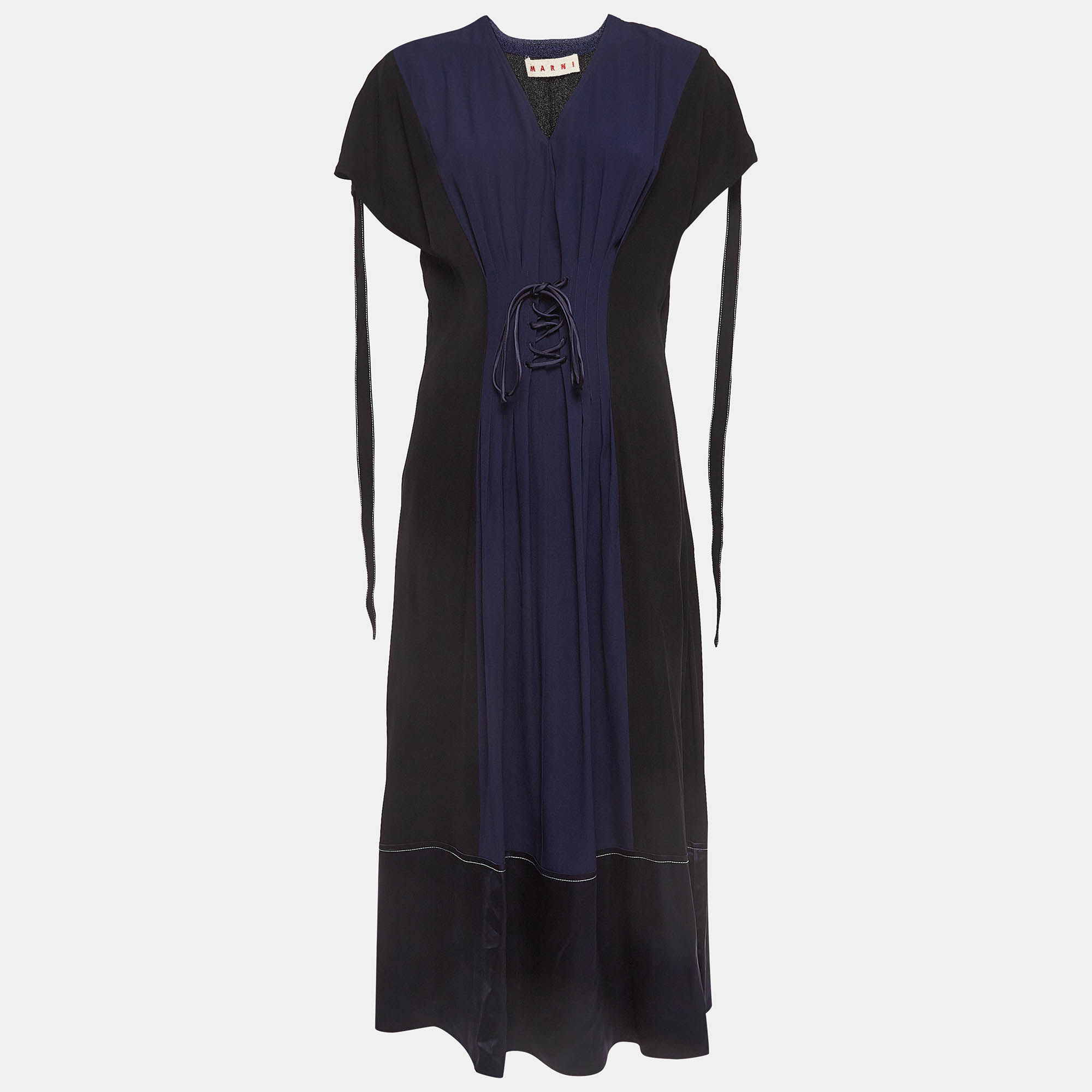 Pre-owned Marni Black And Blue Sateen Lace-up Waist Detailed Midi Dress S