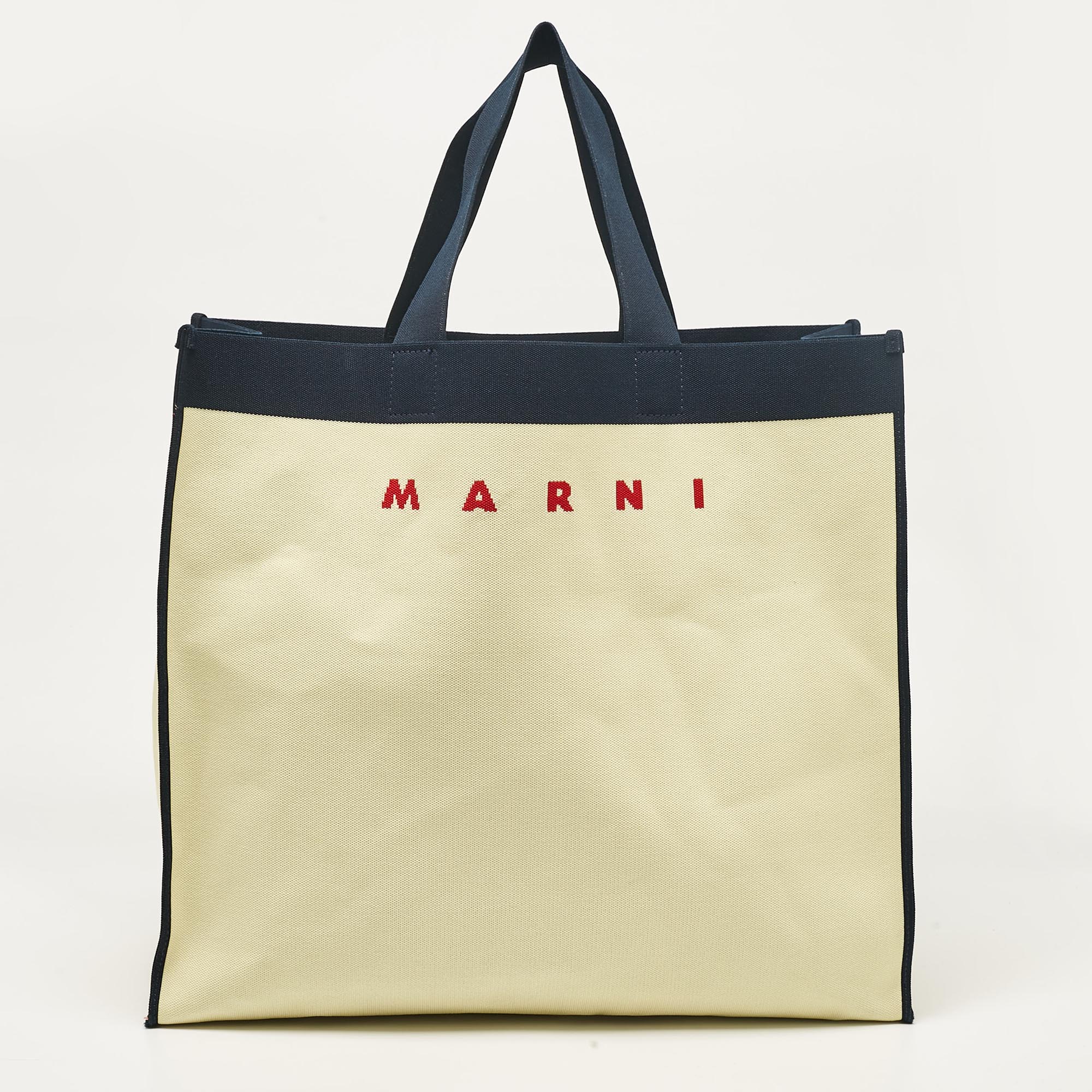 

Marni Cream/Navy Blue Canvas Logo Shopping Tote