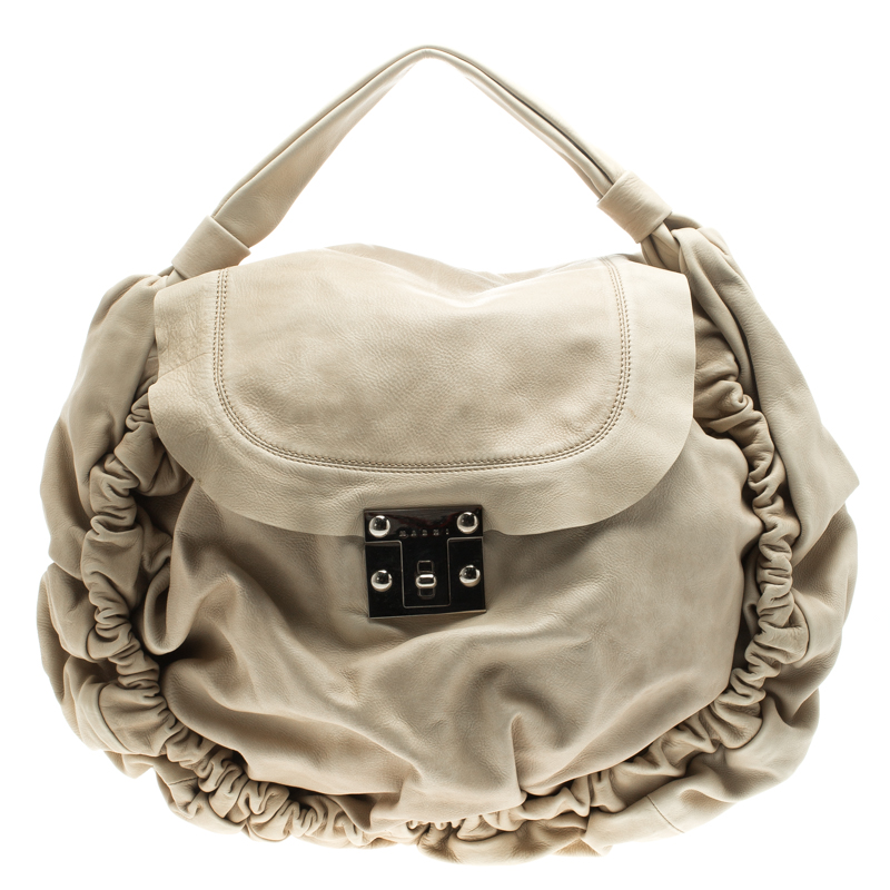 Pre Owned Marni Beige Faux Leather Pleated Berta Hobo