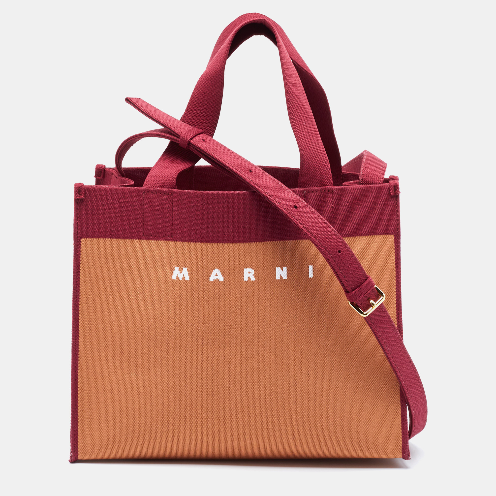 

Marni Burgundy/Brown Jacquard Canvas Logo Tote