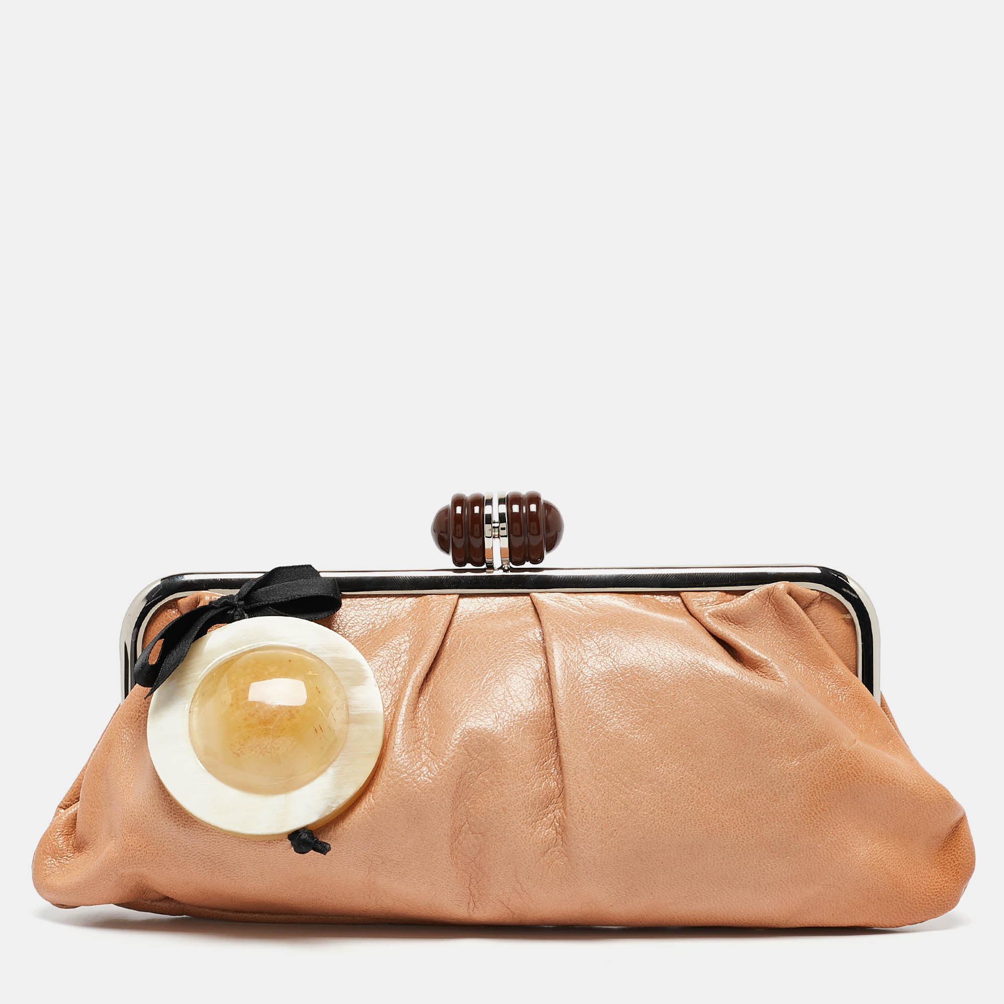 

Marni Brown Leather Embellished Frame Clutch