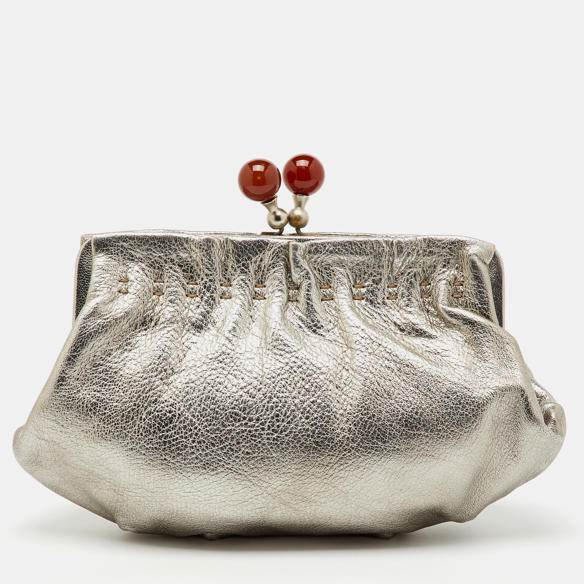 

Marni Silver Leather Twisted Lock Clutch