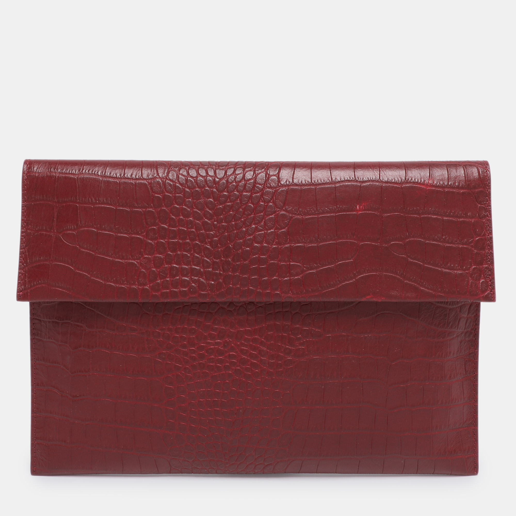 Pre-owned Marni Burgundy Croc Embossed Leather Flap Clutch