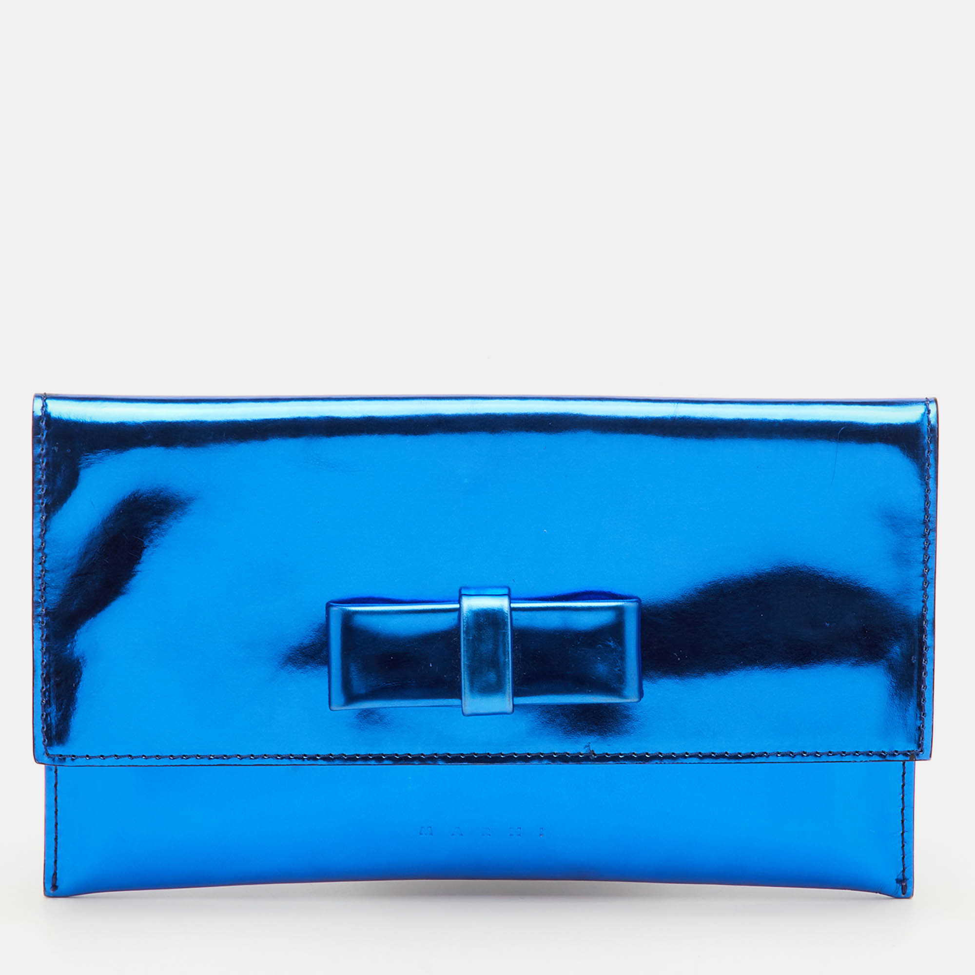 

Marni Bow Blue Glossy Leather Flap Clutch