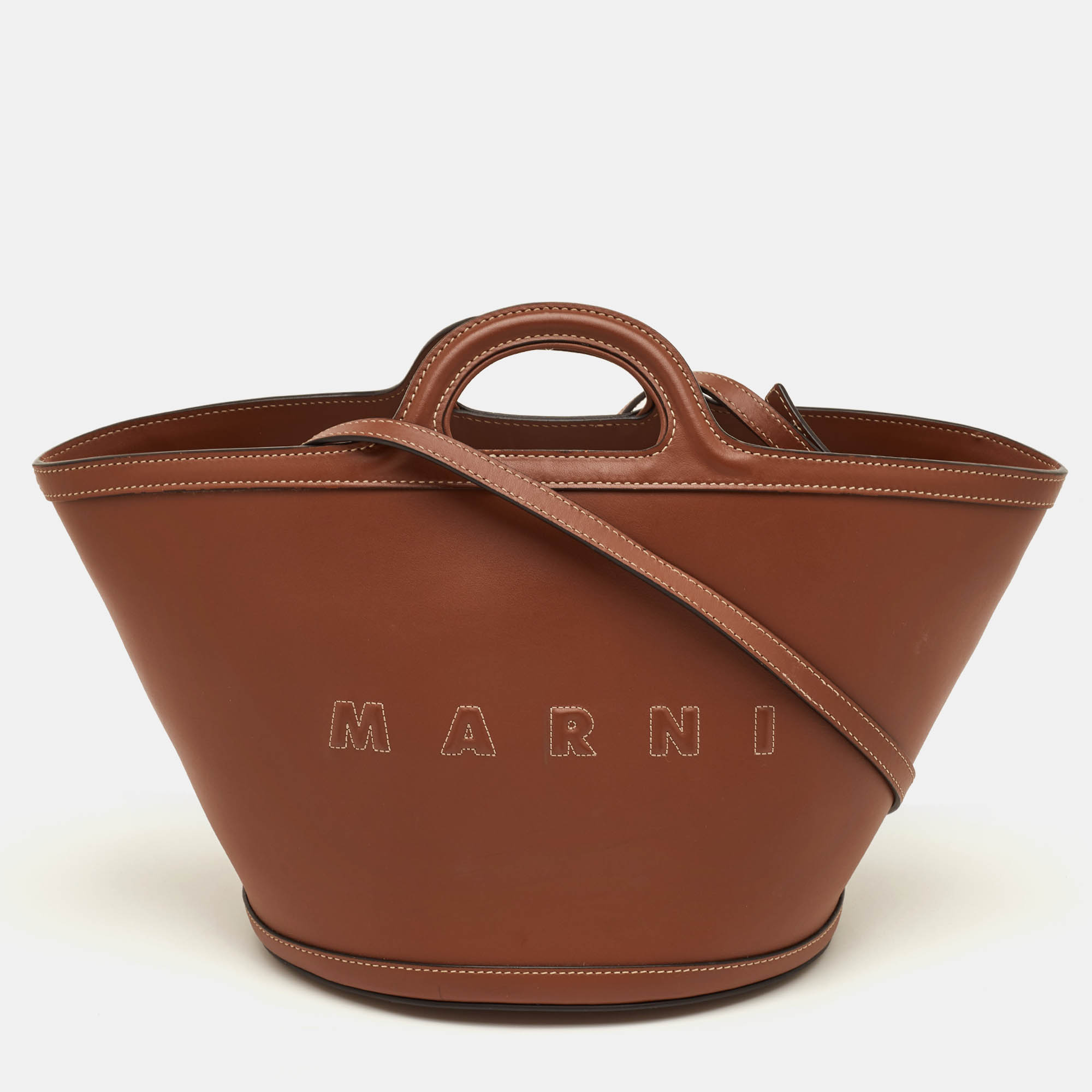 

Marni Tropicalia Small Brown Leather Logo Embroidered Tote