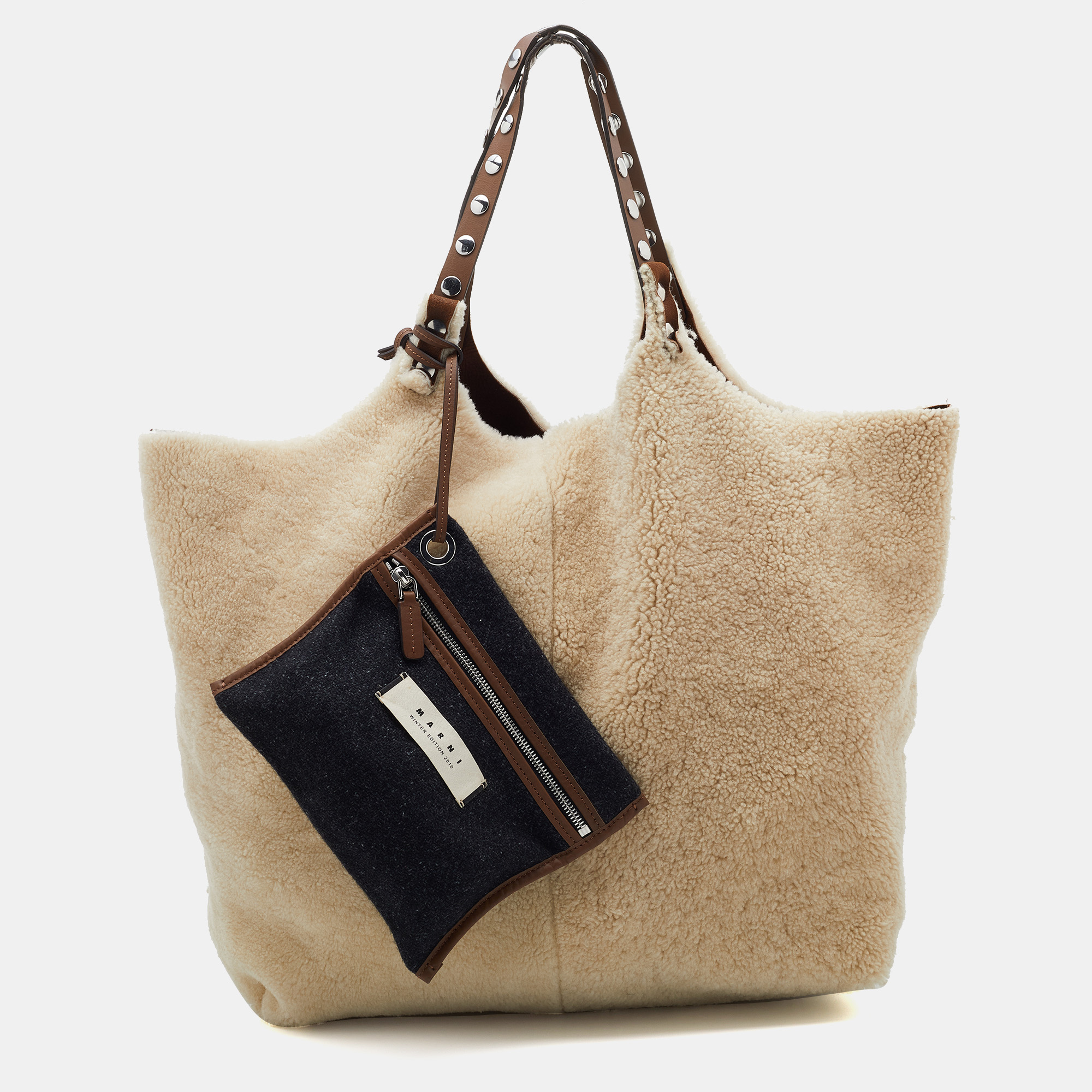 Pre Owned Marni Off White/Brown Shearling Fur and Leather Reversible Tote