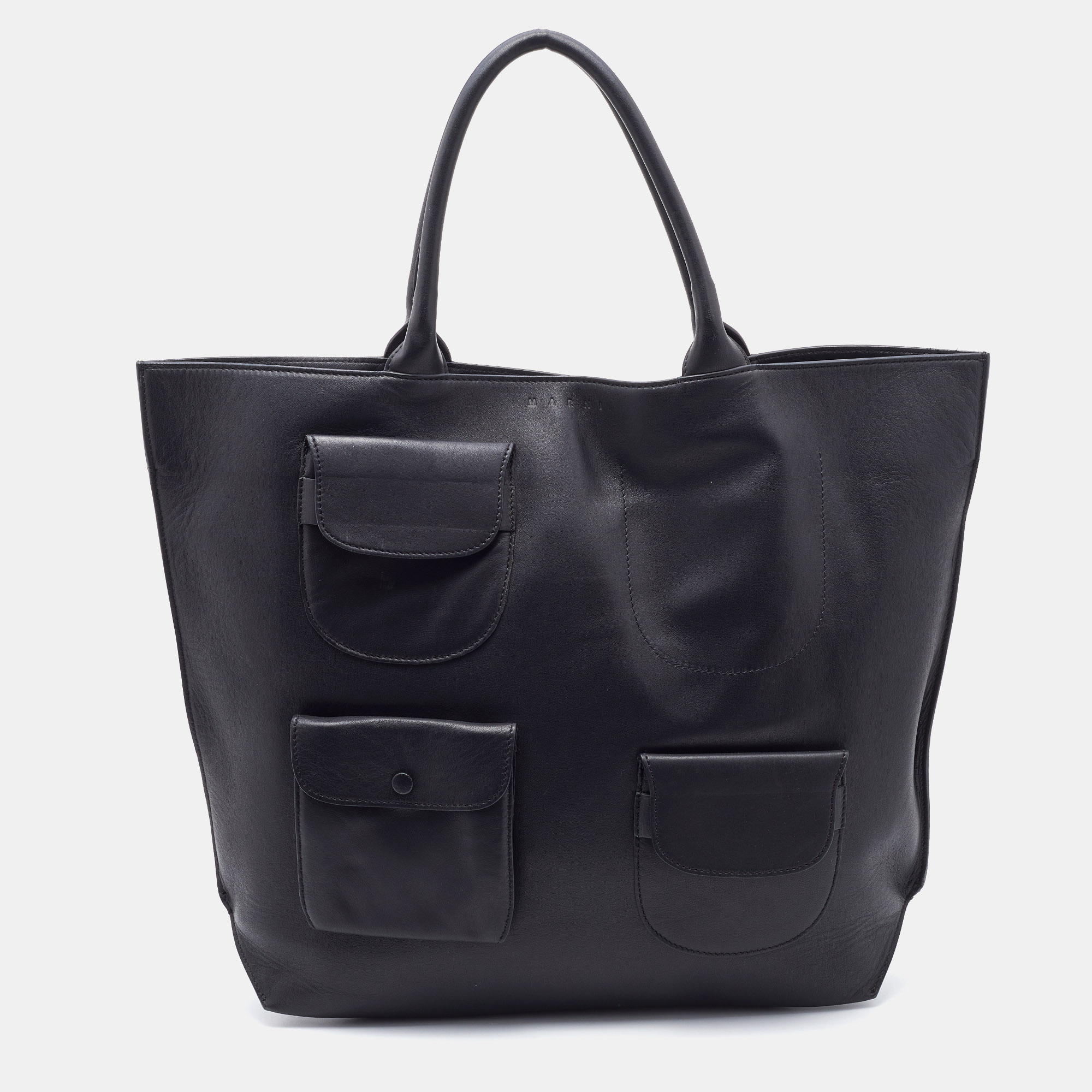 Pre Owned Marni Black Leather Front Pocket Shopper Tote