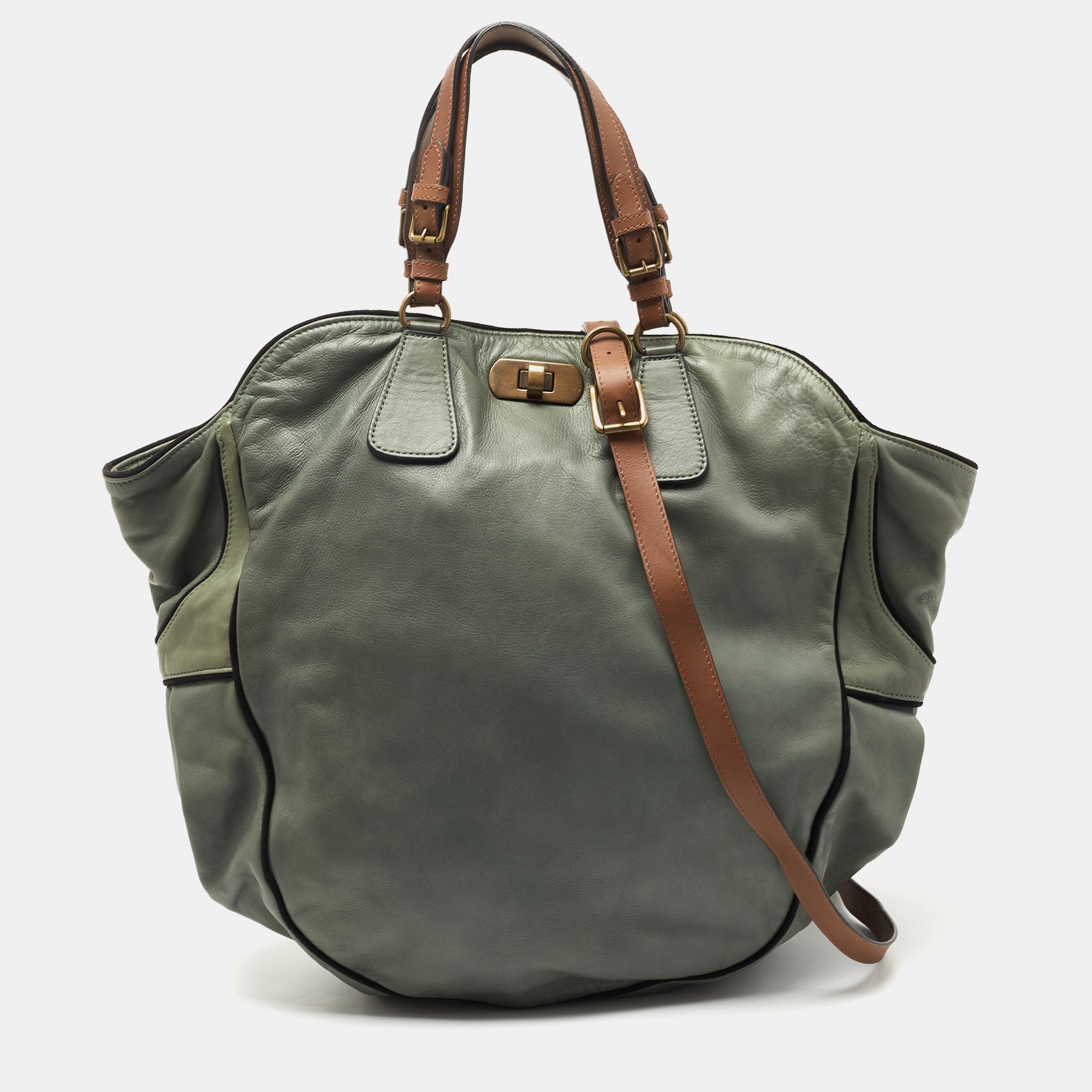 Marni Green/Black Suede and Leather Drawstring Tote