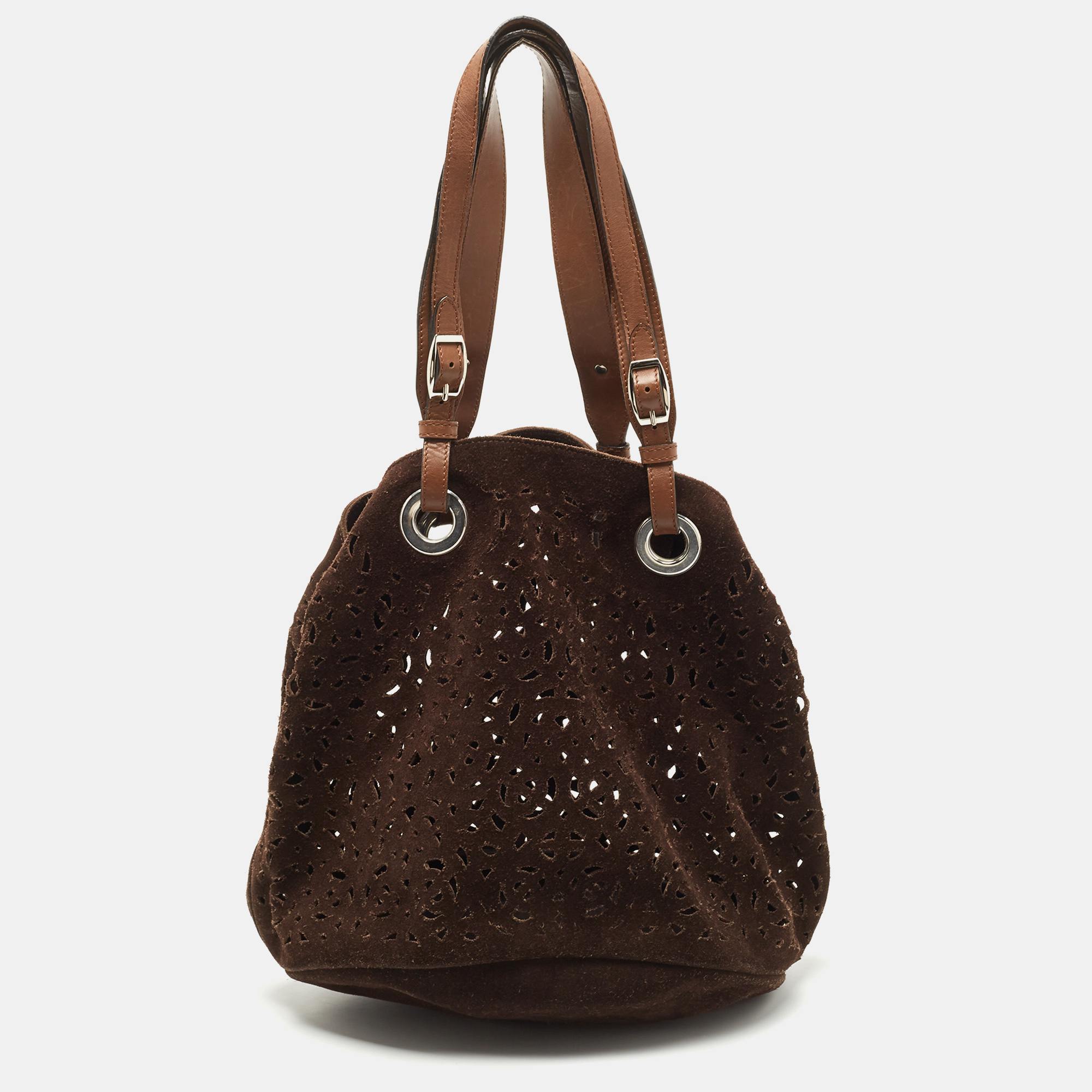 Pre-owned Marni Dark Brown Suede And Leather Lasercut Hobo