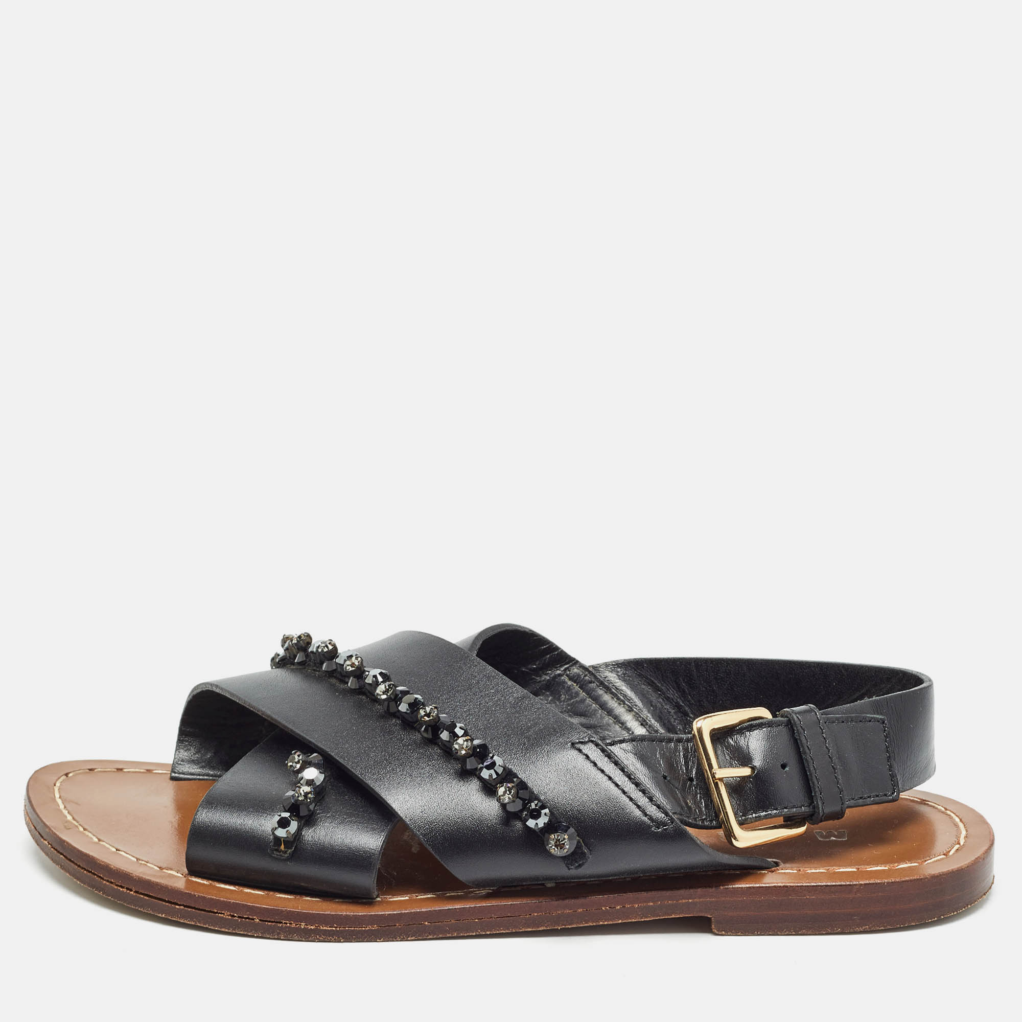 

Marni Black Leather Crystal Embellished Slingback Sandals Size