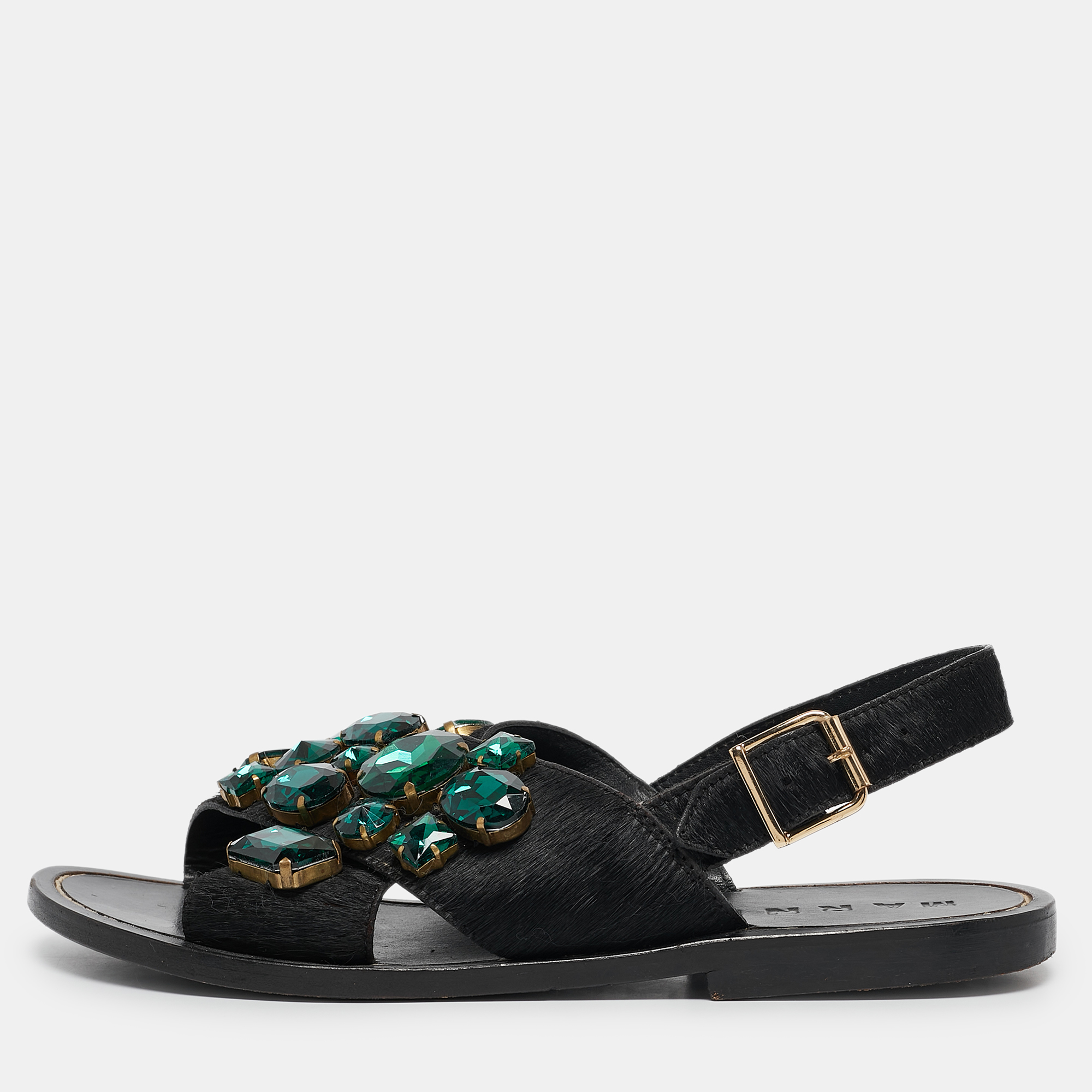 

Marni Black Calf Hair Embellished Flat Slingback Sandals Size