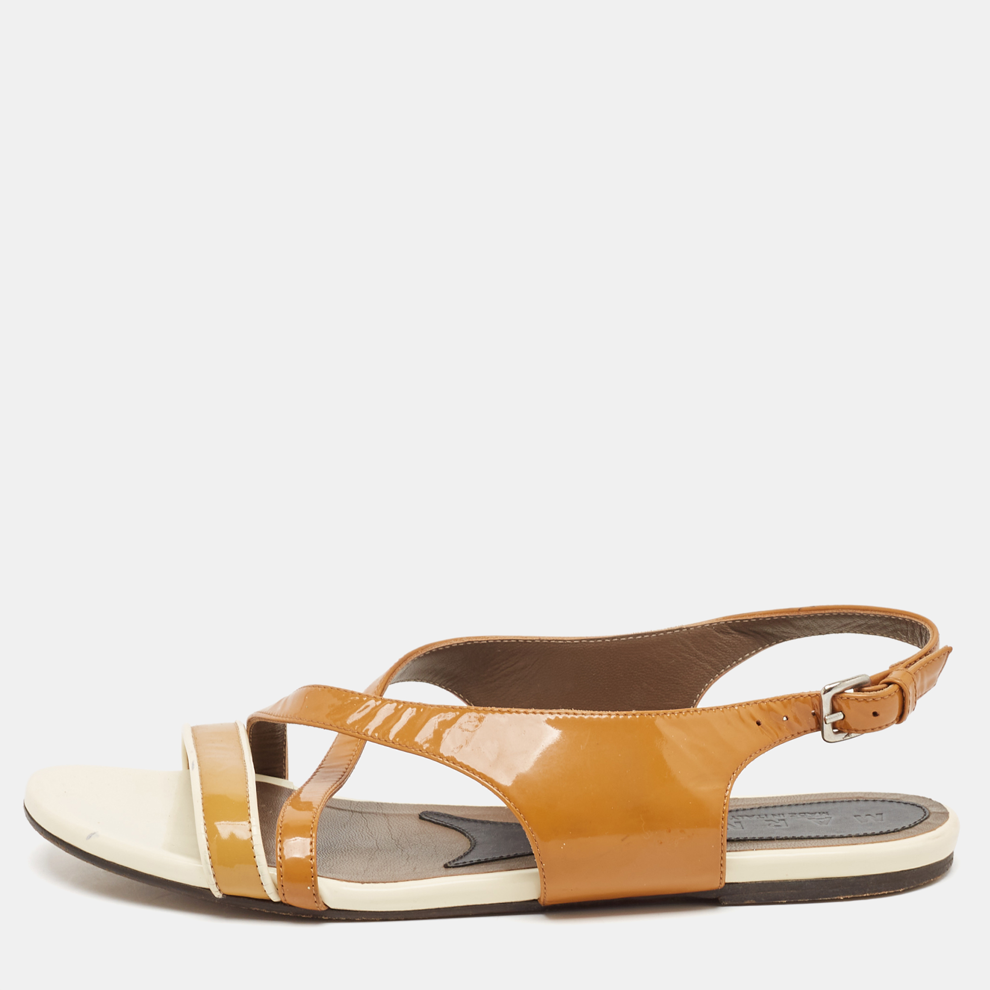 

Marni Brown/Cream Patent Leather Slingback Flat Sandals Size