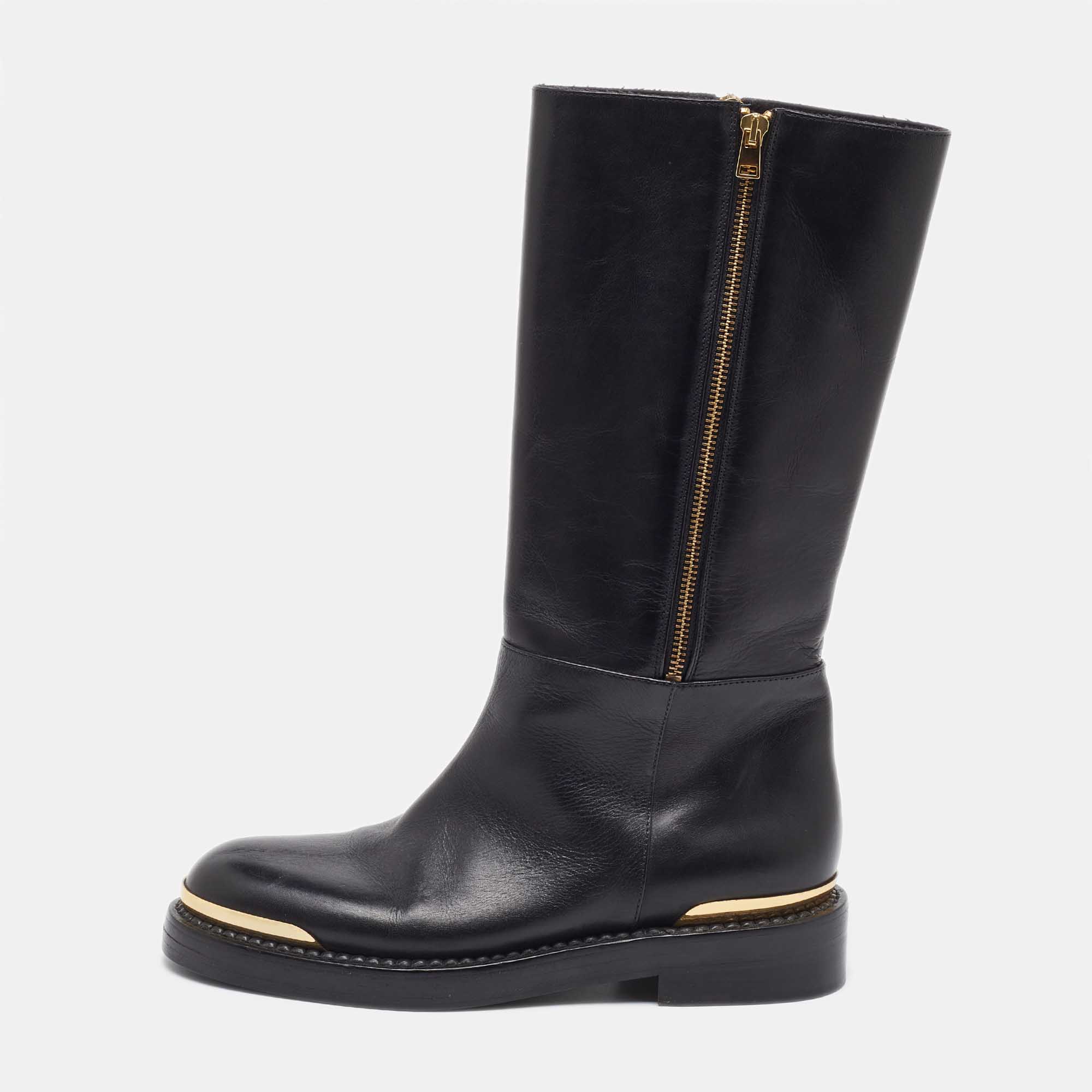 

Marni Black Leather Zipper Calf Length Boots Size