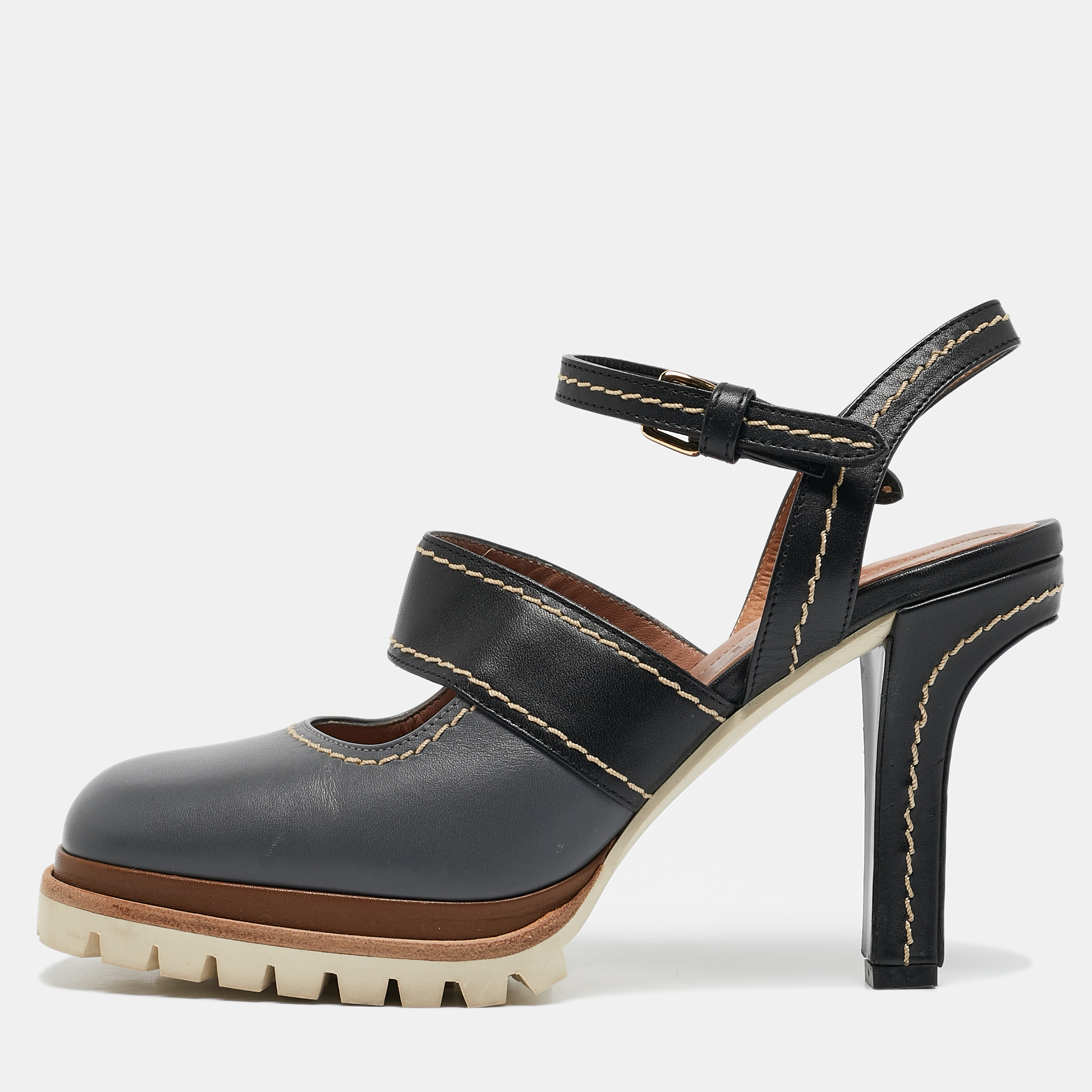 

Marni Grey/Black Leather Mary Jane Ankle Strap Pumps Size