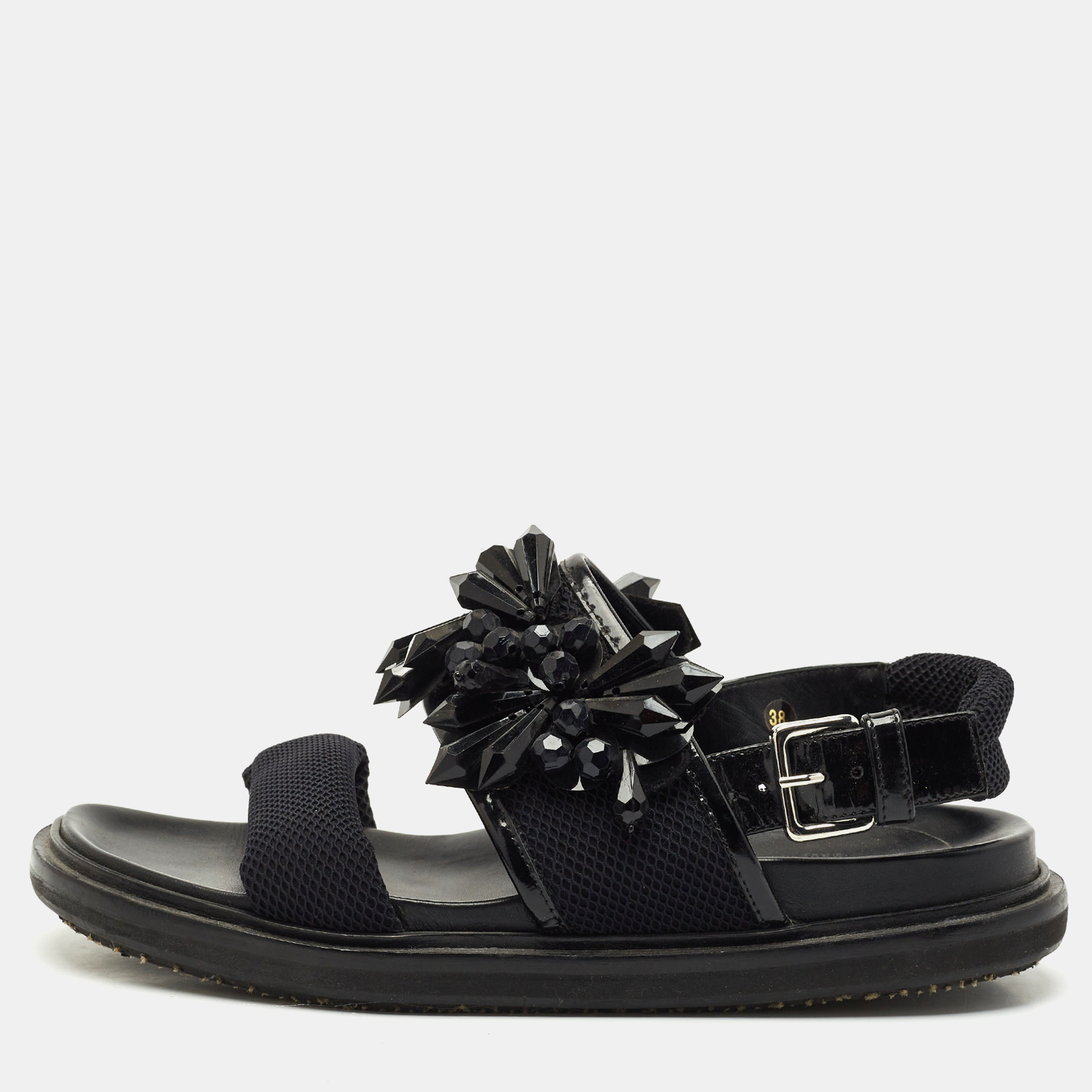 Pre-owned Marni Black Fabric And Patent Embellished Flat Slingback Sandals Size 38