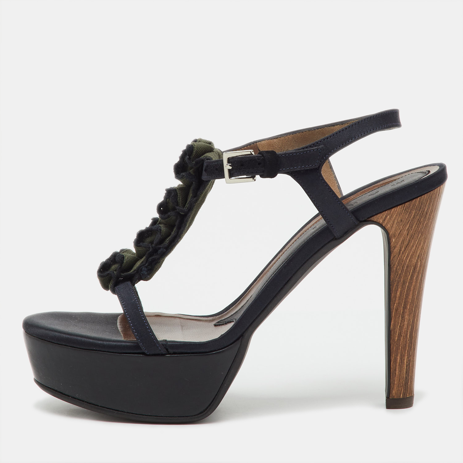 Pre-owned Marni Black/green Satin And Fabric Platform Ankle Strap Sandals Size 39