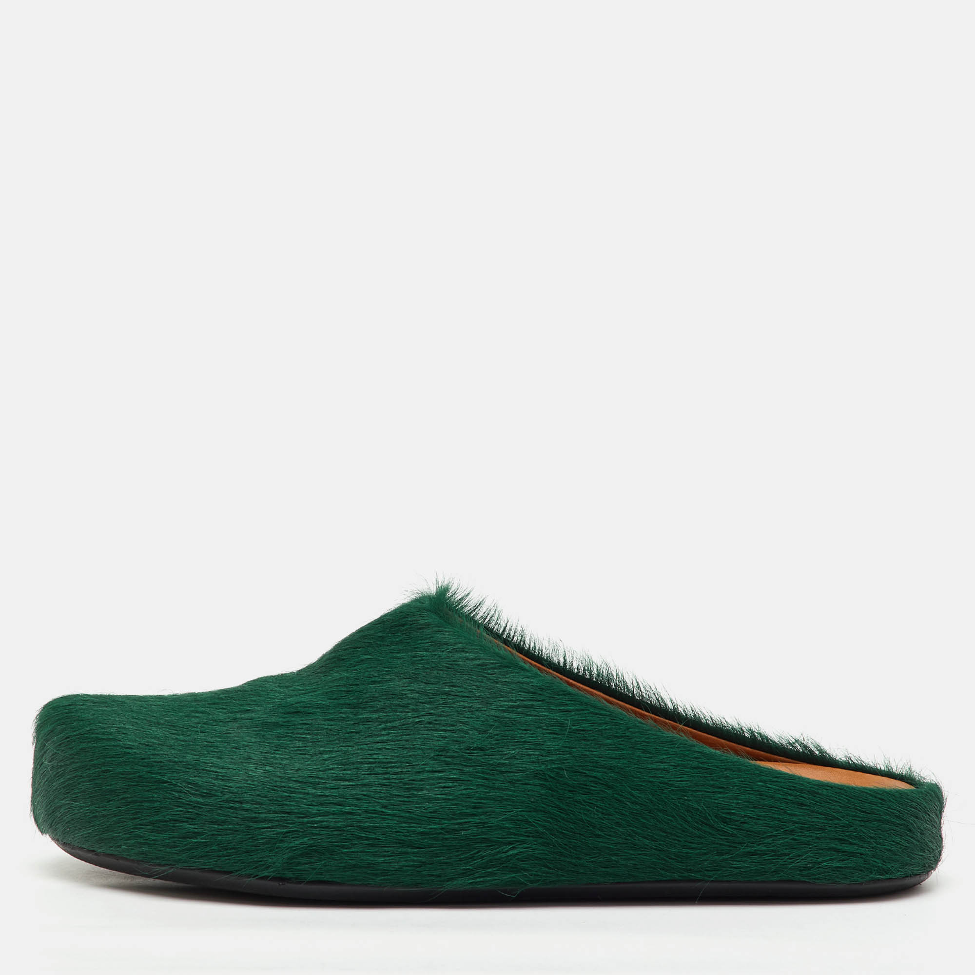 Pre-owned Marni Dark Green Calf Hair Fussbett Sabot Flat Mules Size 42