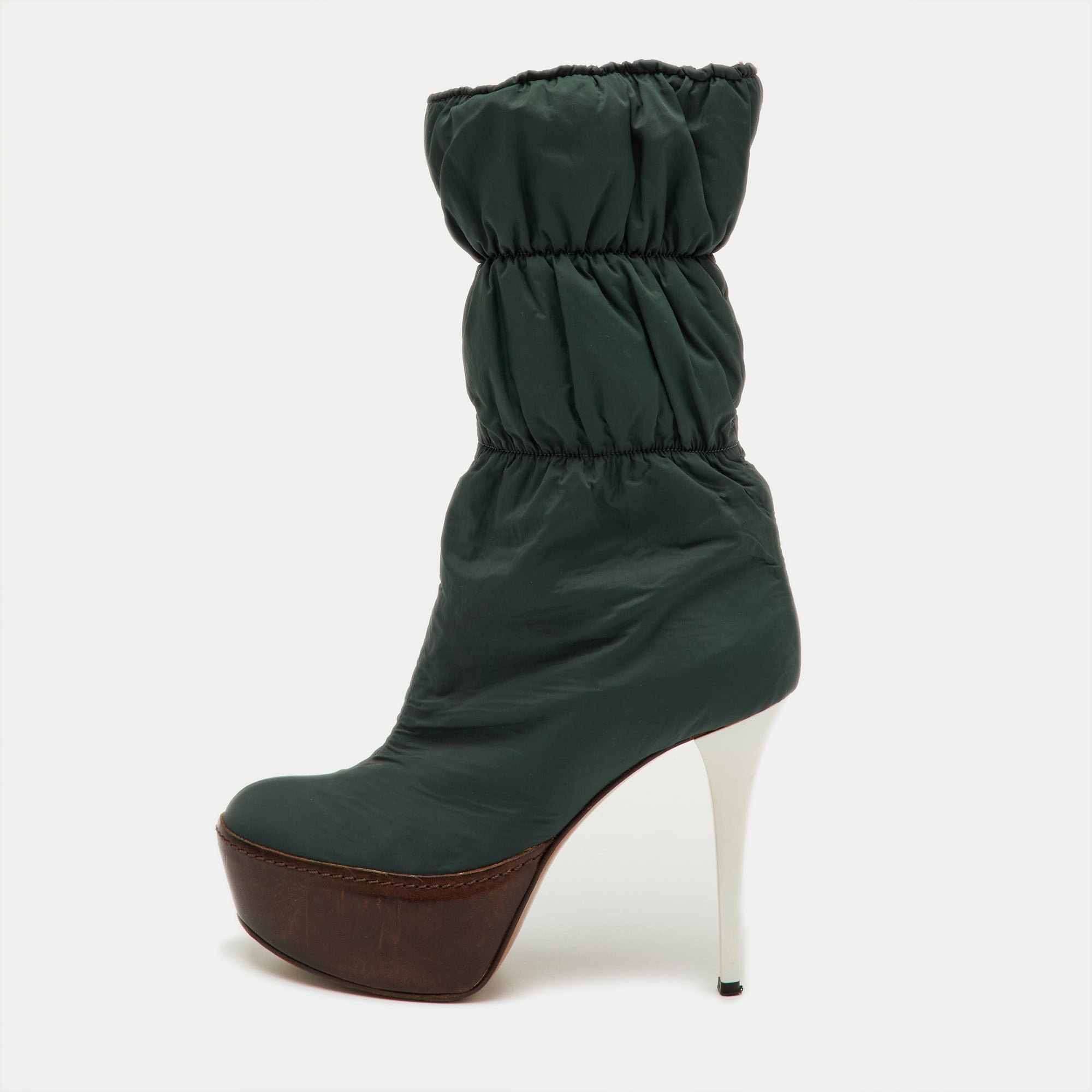 Pre-owned Marni Size 36 Dark Green/brown Puffer Nylon Mid Calf Platform Boots