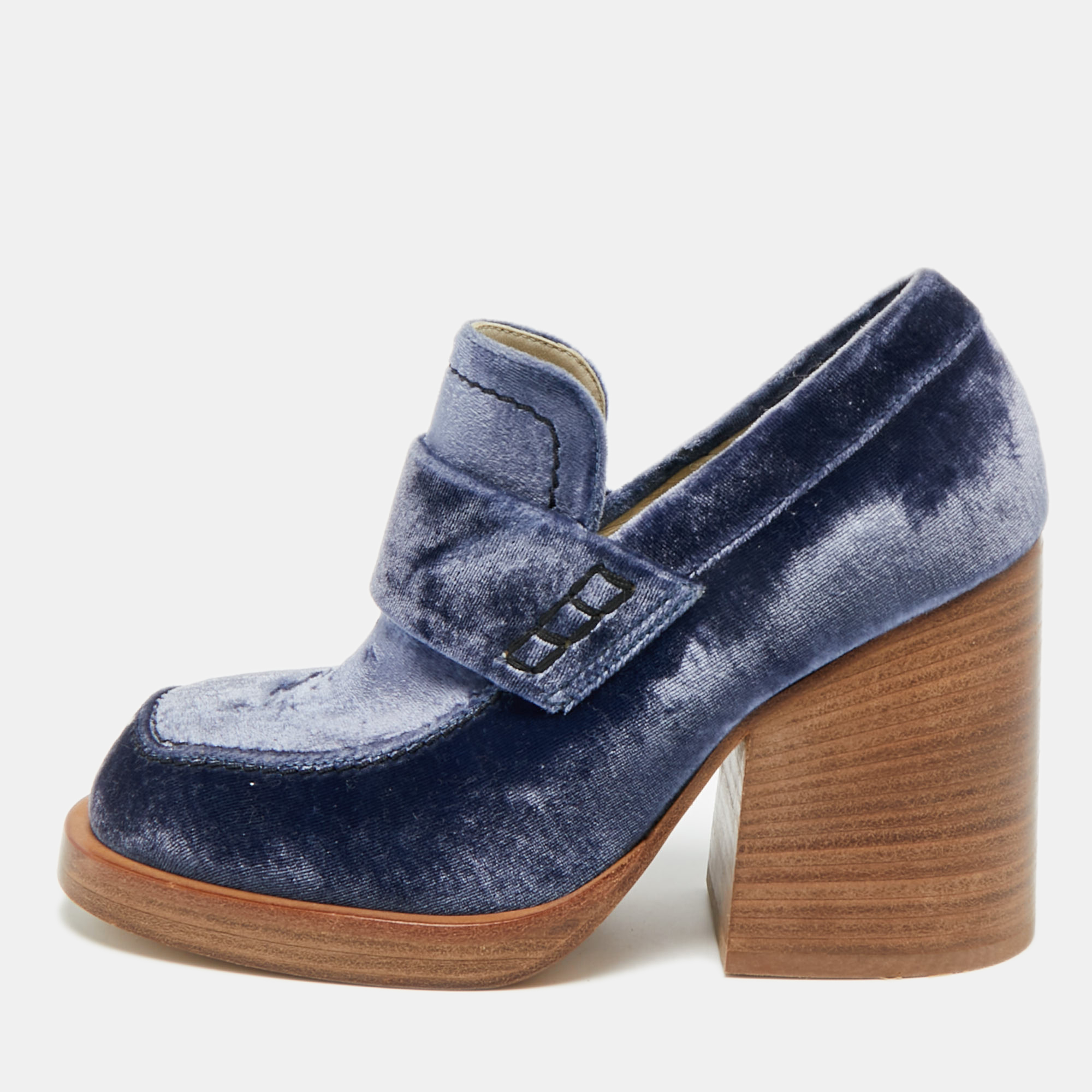 

Marni Size  Blue Velvet Block Heel Loafers Pumps