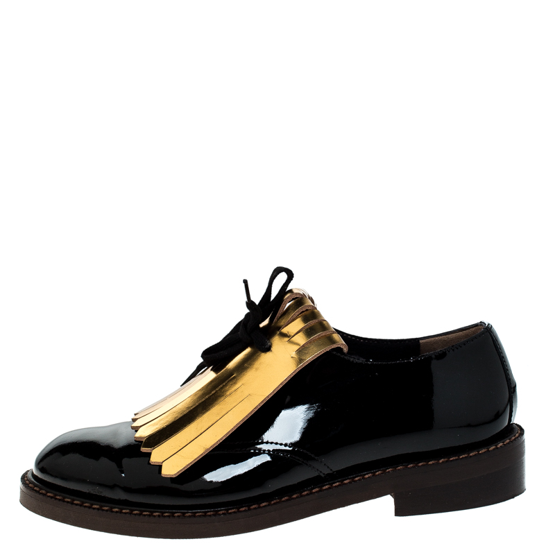 

Marni Black/Gold Patent Leather Fringed Oxford Size